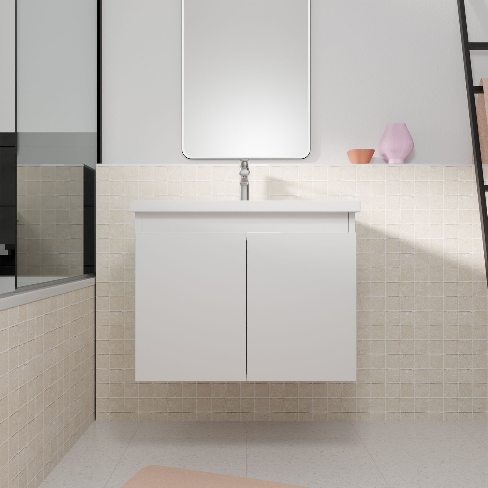 Meuble De Salle De Bains 60cm A Suspendre Blanc - 2 Portes - Vasque