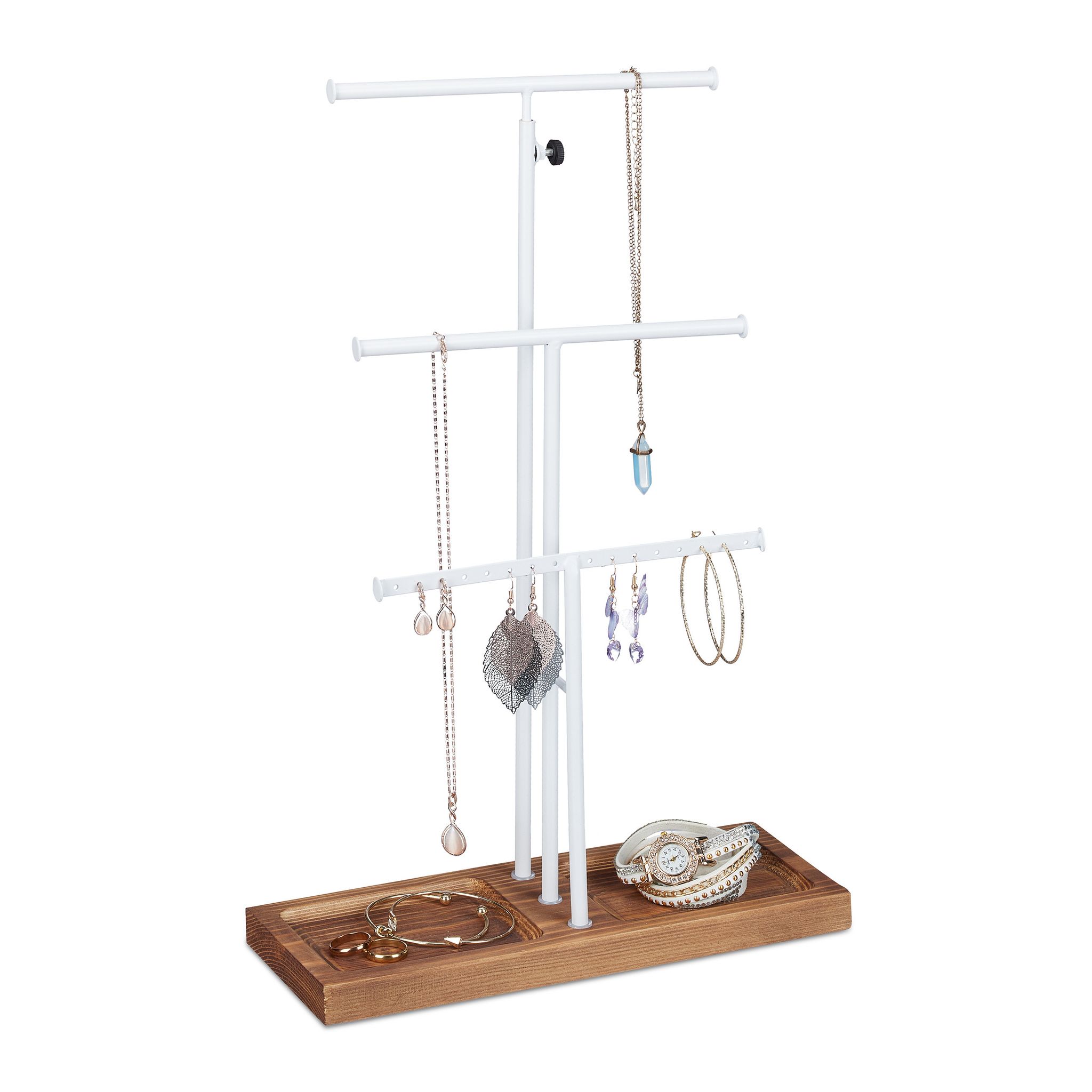 Schmuckständer, 3 Stangen, T-förmig, Ketten, Für Ohrringe & Armbänder, Mit Ablage, Holz & Metall, Weiß/braun - Relaxdays