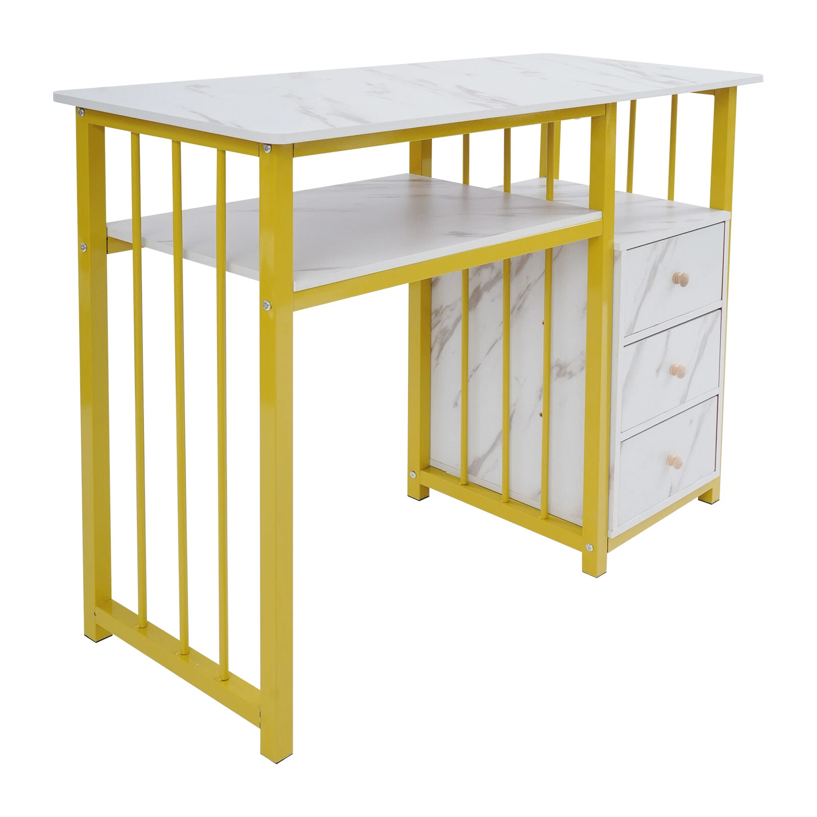 Bureau Avec 3 Tiroirs, Coiffeuse De Manucure, Professionnelle Table De Manucure, 100x40x76 Cm, Table D'Ordinateur Avec Étagères Salon, Structure En Métal, Design Marbré, Pour Salon Ou Maison