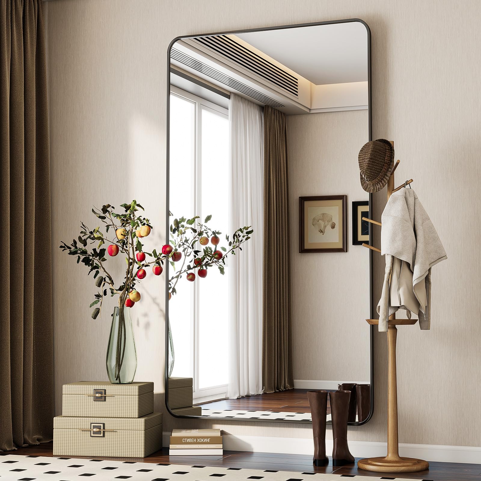 Koonmi Miroir Pleine Longueur À Coins Arrondis - 85 X 192 Cm - Idéal Pour La Chambre, La Salle De Bain Et Le Dressing - Noir