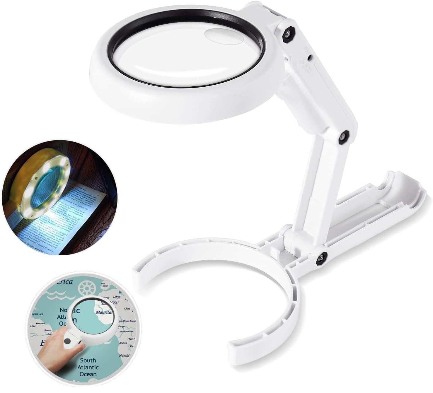 Loupe à main et de table JUSCH 3,5x et 10x, support pliable, hauteur réglable, 110-240V