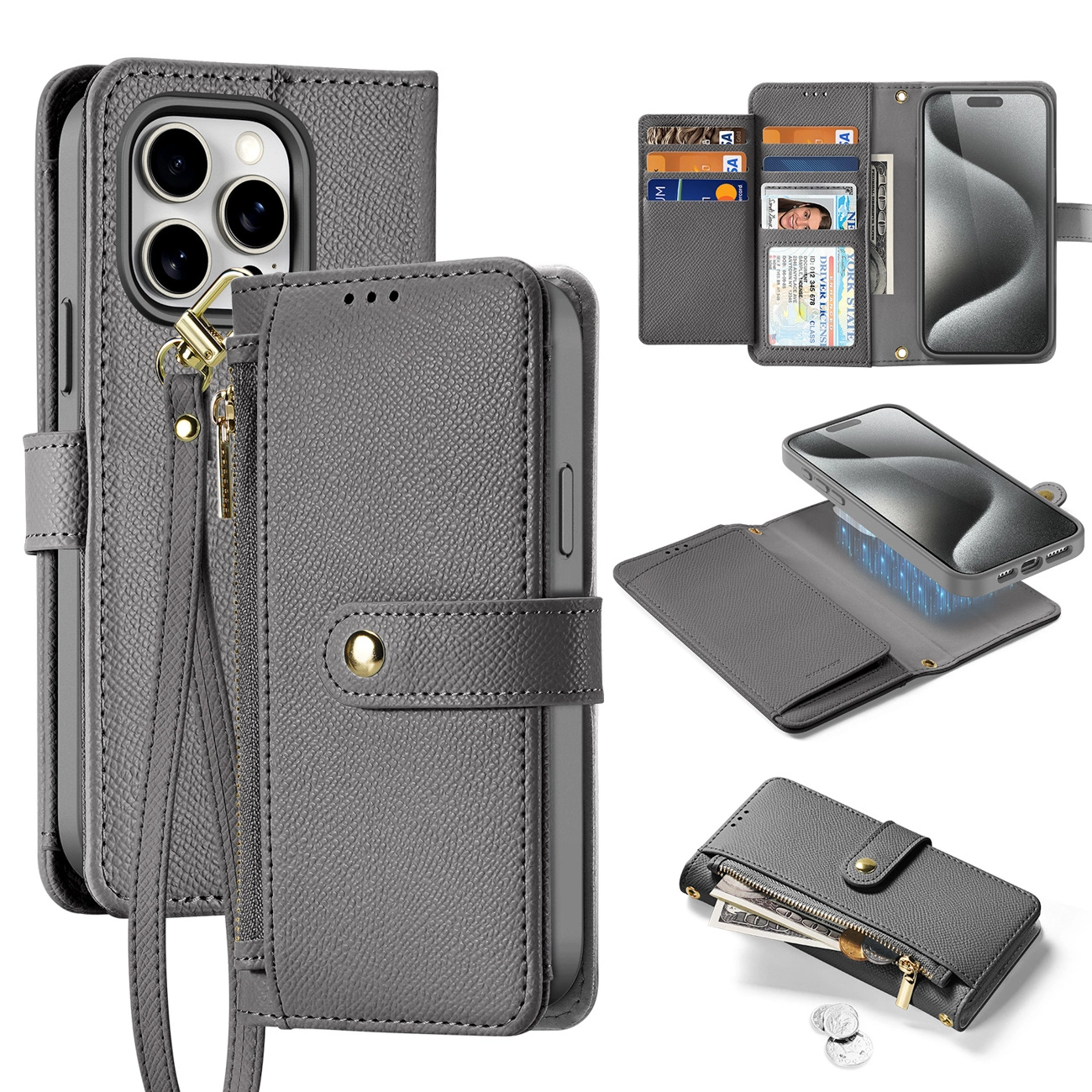 DUX DUCIS 2 en 1 Funda de cuero magnética con billetera desmontable para iPhone 16 Pro Max 15Plus 16e Cierre magnético Funda tipo libro con múltiples ranuras