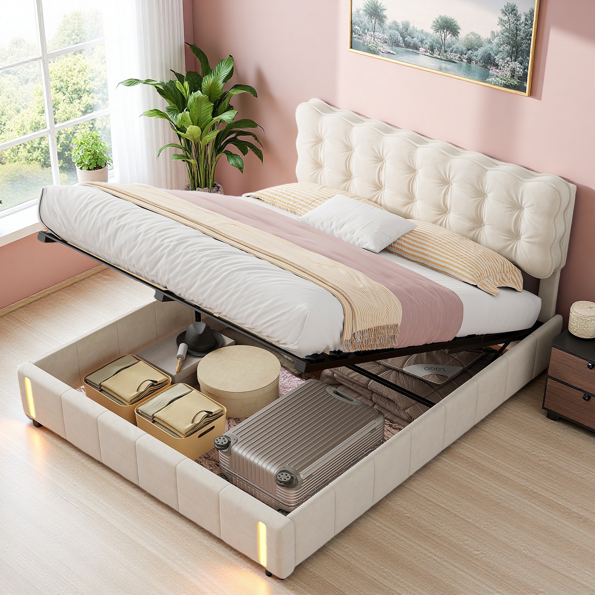 Dans Les Nuages - Lit Coffre 140x190 Cm, 2 Places, Avec Led À Induction, Espace De Rangement, Sommier À Lattes En Bois, Cadre En Métal, Lit Capitonné En Velours - Beige