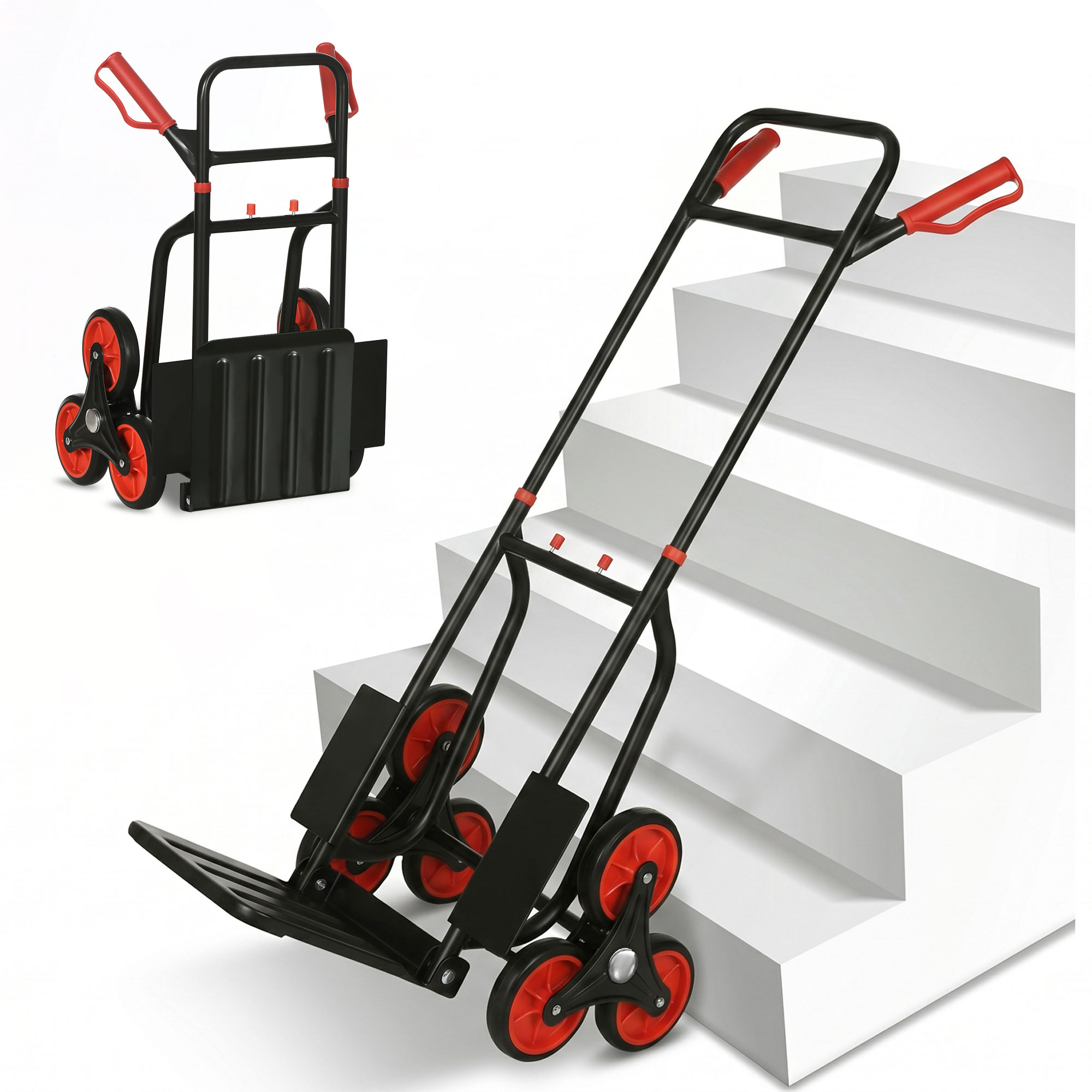 Diable d'escalier pliable 6 roues en acier, charge 120 kg, poignée télescopique, rouge