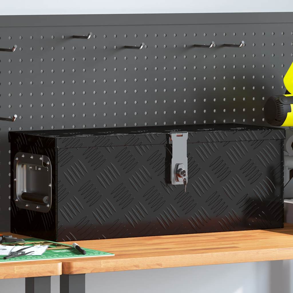 Boîte de rangement en aluminium noir avec serrure et poignée, 60 x 23,5 x 23 cm