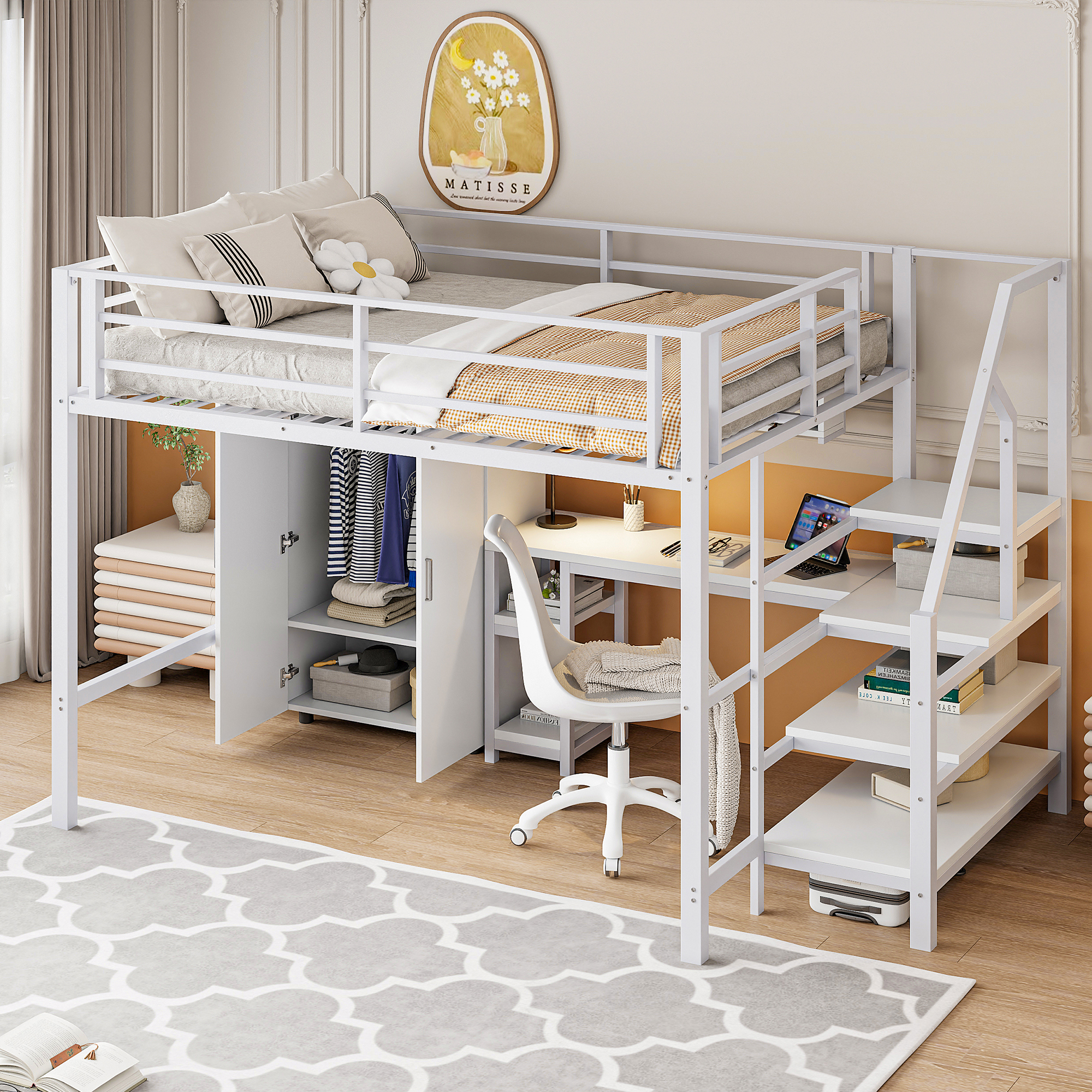 Stilvora Hochbett 140 X 200 Cm Mit Kleiderschrank, Regalen Und Schreibtisch, Ohne Matratze, Aus Metall, Weiß