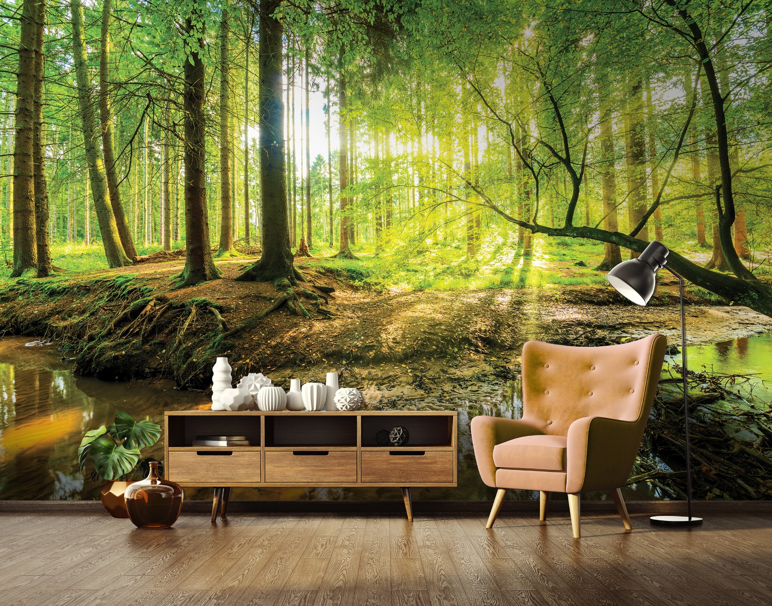 Wallarena Vlies Fototapete Wald Sonne Bach Grün Natur Bäume 350x250 Cm, Tapeten, Für Wohn Und Schlafzimmer, Vliestapete Wandtapete Tapete 3d Effekt- Inkl.
