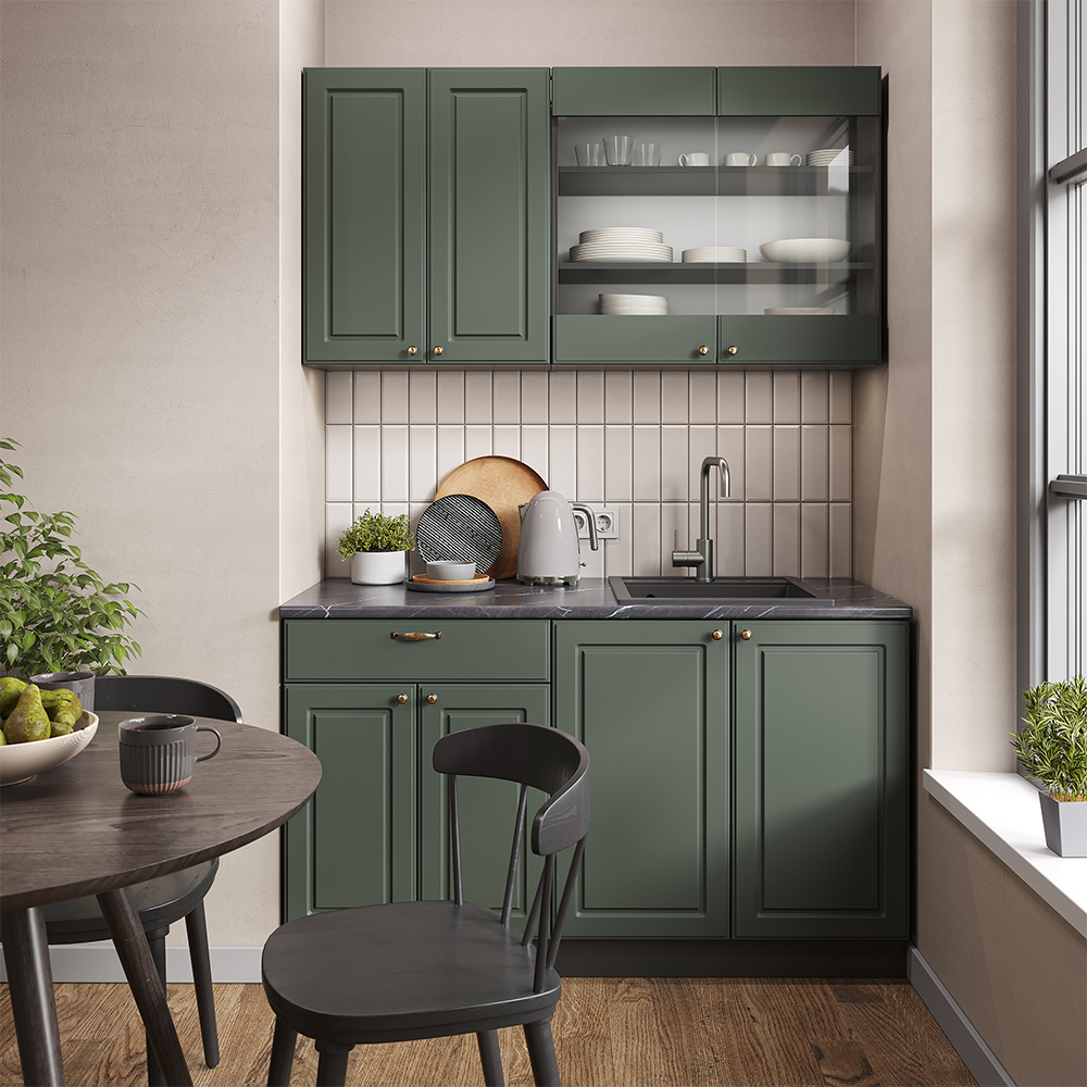 Vicco - Cuisine Fame-Line, Vert et or campagne/anthracite, 140 cm sans plan de travail