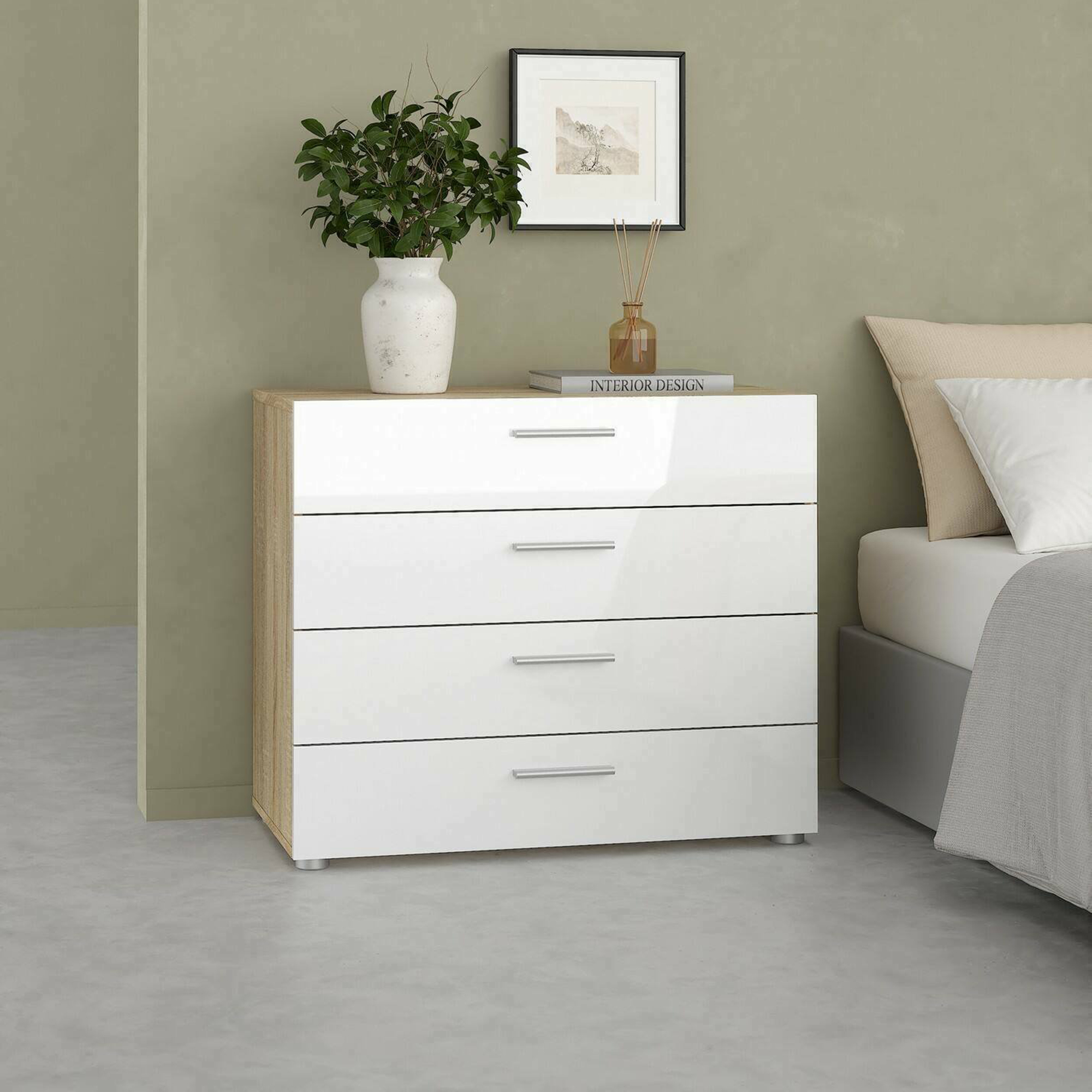 Home Affaire Eiche Struktur Weiß Hochglanz Kommode "Pepe Aufbewahrung Schubladenschrank Stauraum" Sideboard Mit 4 Schubläden Breite 80 Cm Höhe 68 Cm von Baur - Bild 3