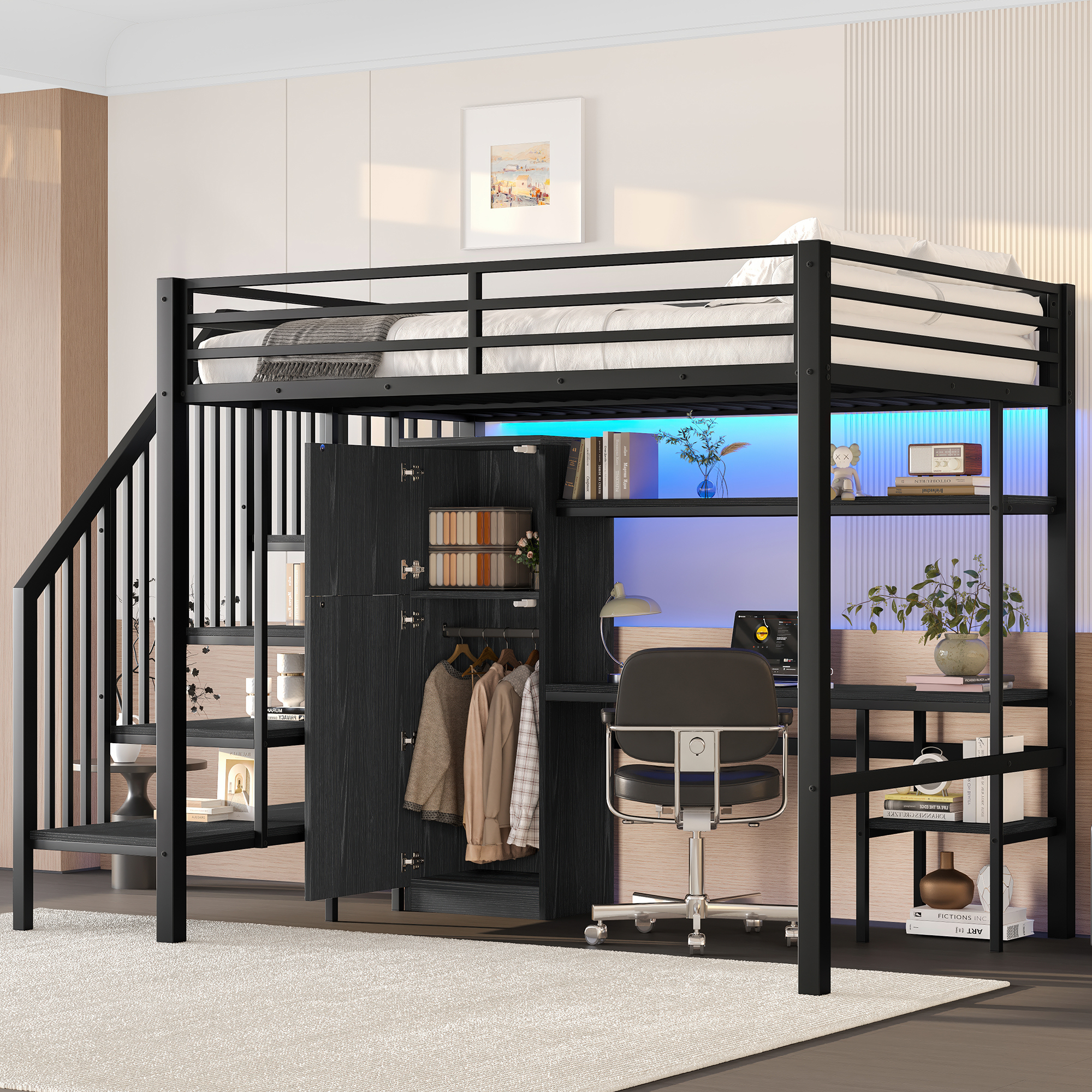Lit Mezzanine En Métal 140x200 Cm - Avec Bureau Et Penderie - Escalier