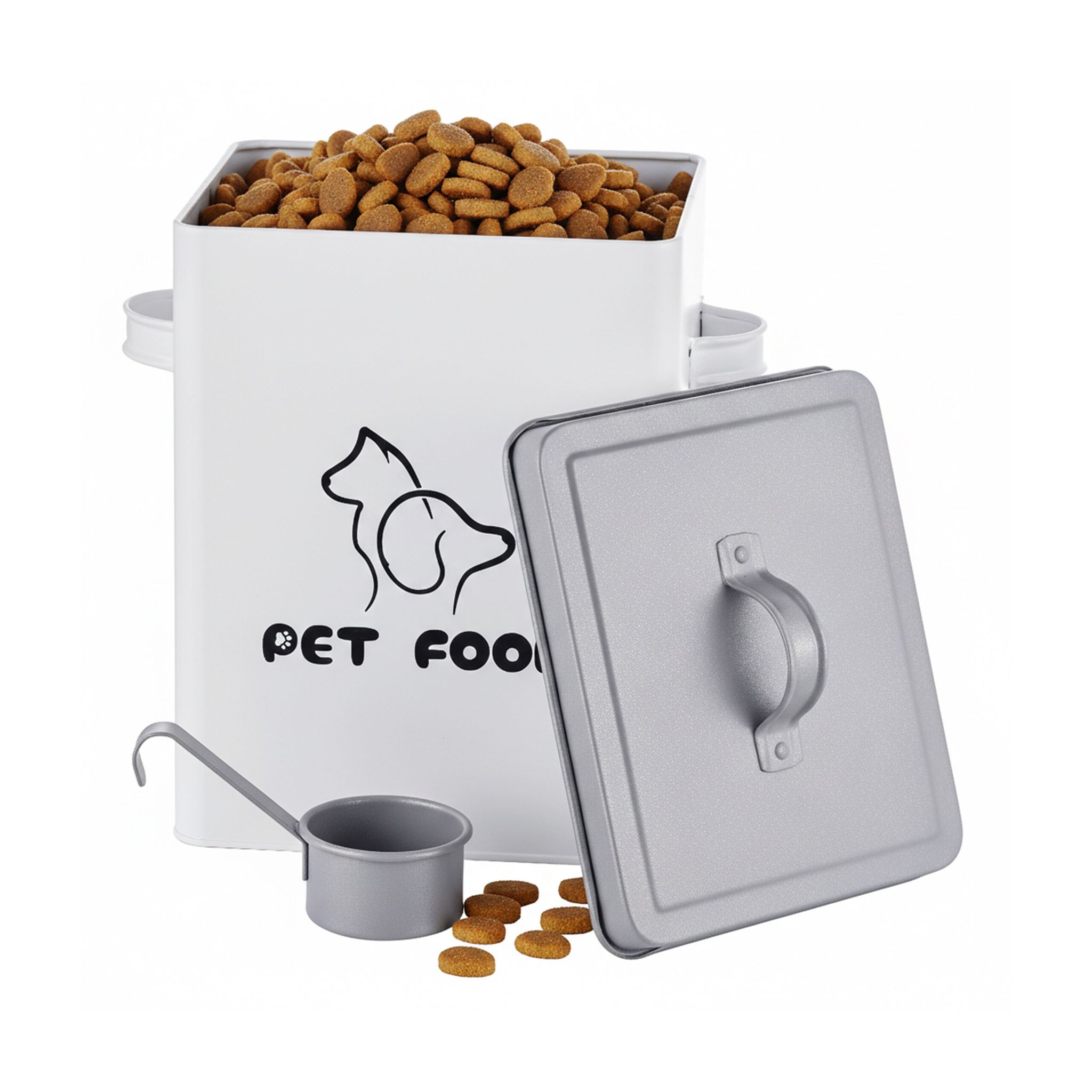 Relaxdays Food Box, 6 L, Hxwxd, 27x23x15 Cm, Lid & Scoop, Galvanised Iron, Dry-food Storage, White