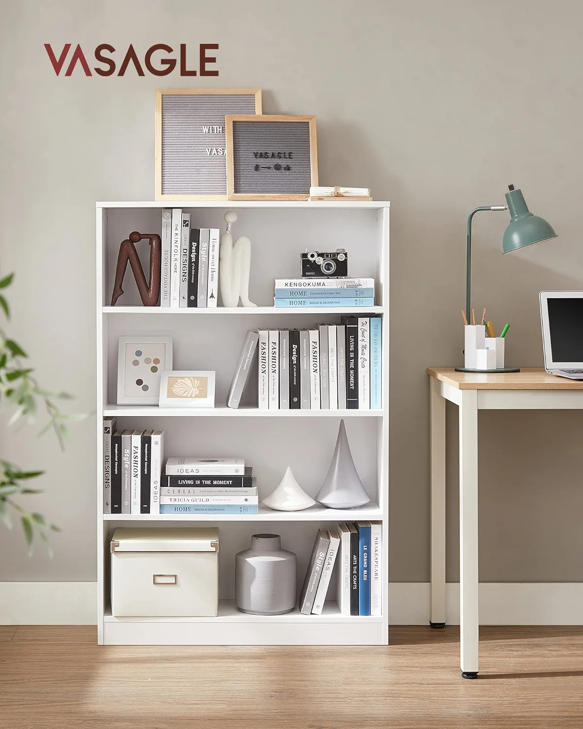 Bibliothèque, Étagère À 4 Niveaux, Meuble De Rangement, Avec Étagères Réglables En Hauteur, Pour Salon, Chambre, Bureau, 80 X 24 X 121,5 Cm, Blanc Par Songmics Lbc108t14 - Vasagle