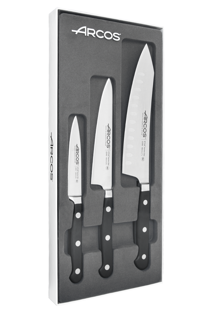Arcos Opera Messerset 3-teilig Geschmiedet Edelstahl Nitrum | Schäl-, Koch- und Rocking-Santokumesser. Griff aus POM. Serie Opera. Farbe Schwarz. - Bild 3
