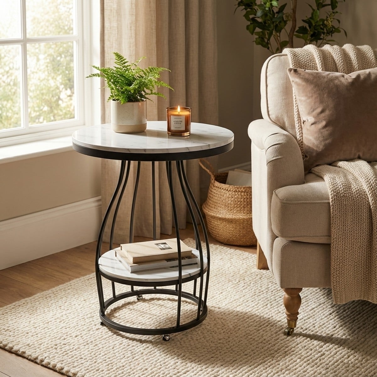 Petite Table Basse Ronde En Métal Noir Doré Marbre 45x63cm Neep L - Noir