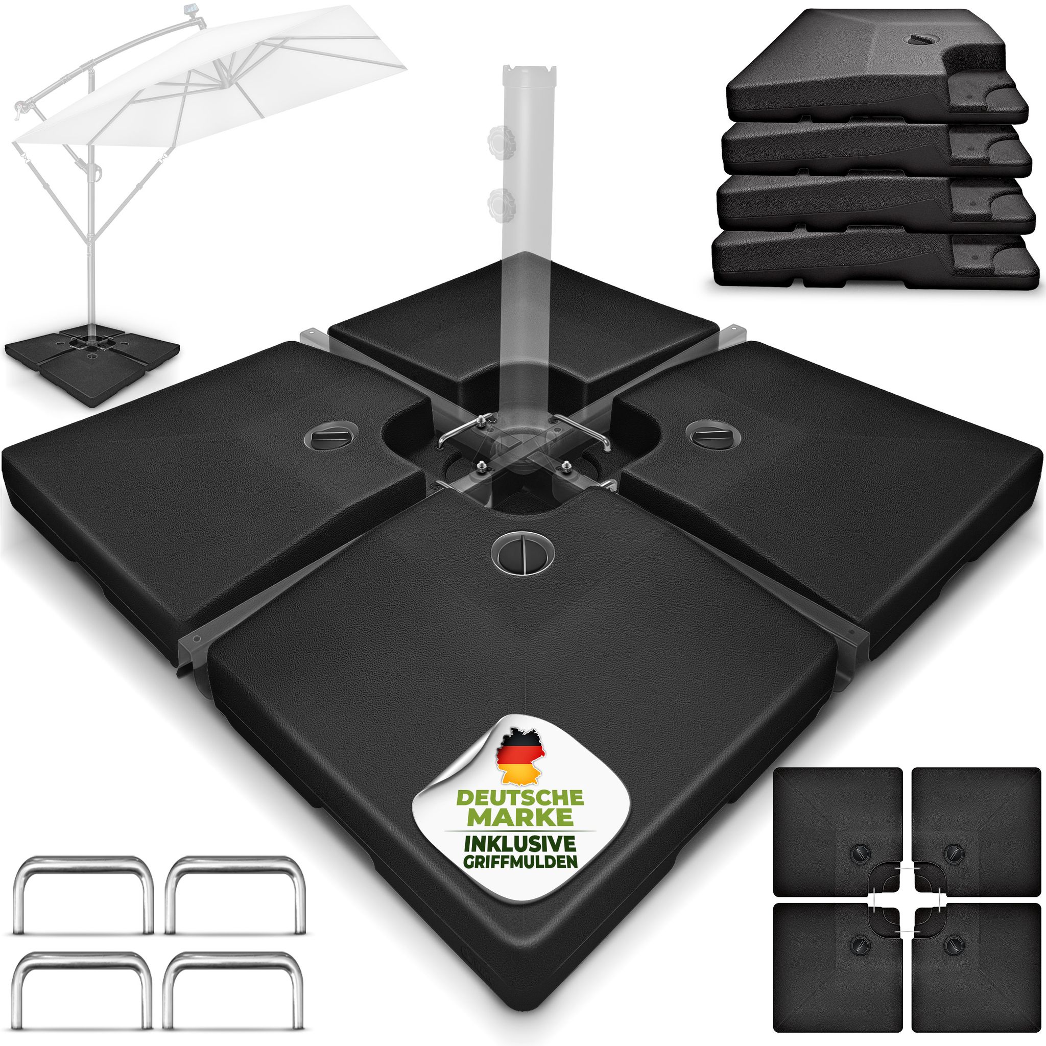 Tillvex – Pied De Parasol Déporté Noir 90l – Remplissage Eau Ou Sable