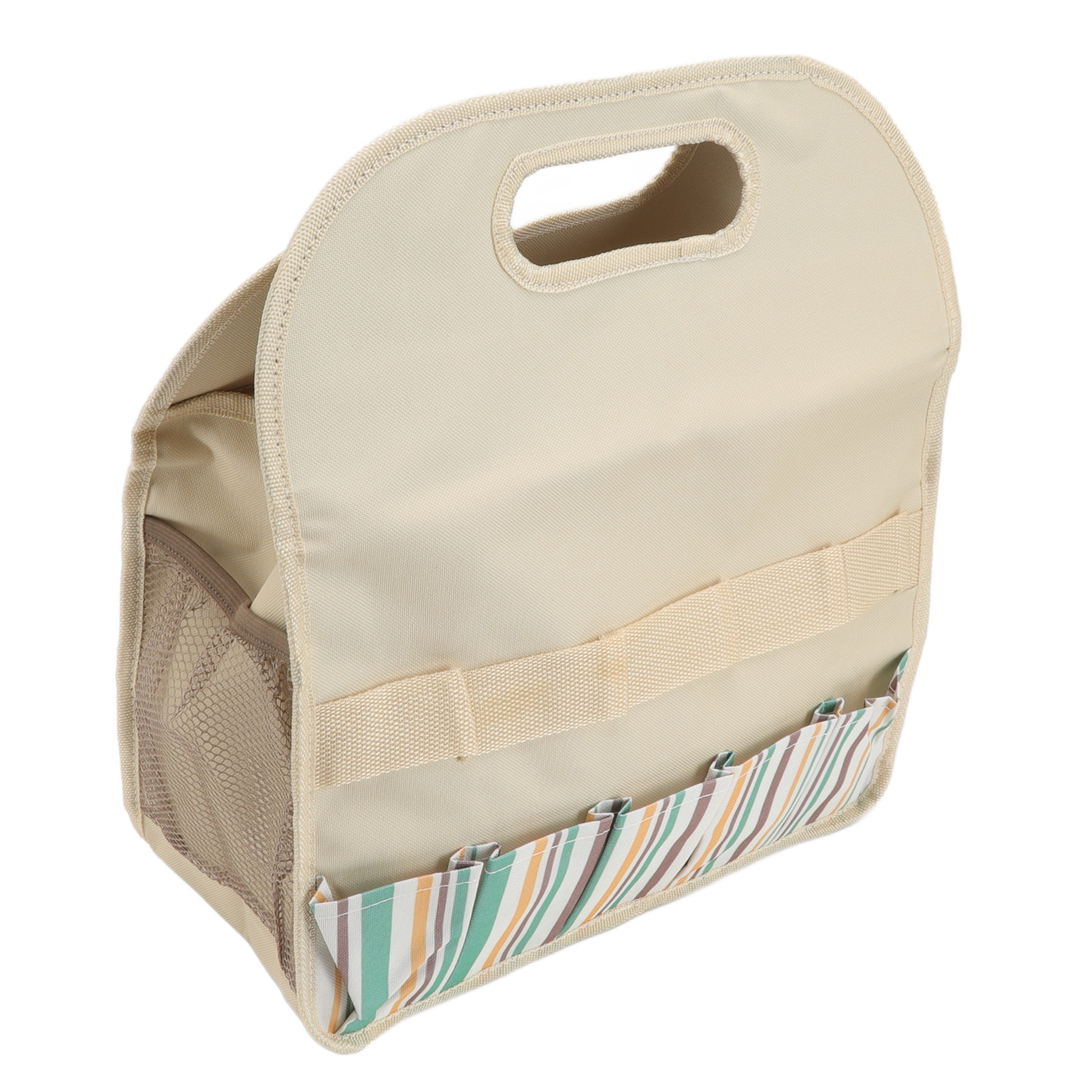 Sac à outils de jardin grande capacité en toile Oxford 600D, plaque PE, 35,5 x 17 x 40 cm, beige à rayures colorées
