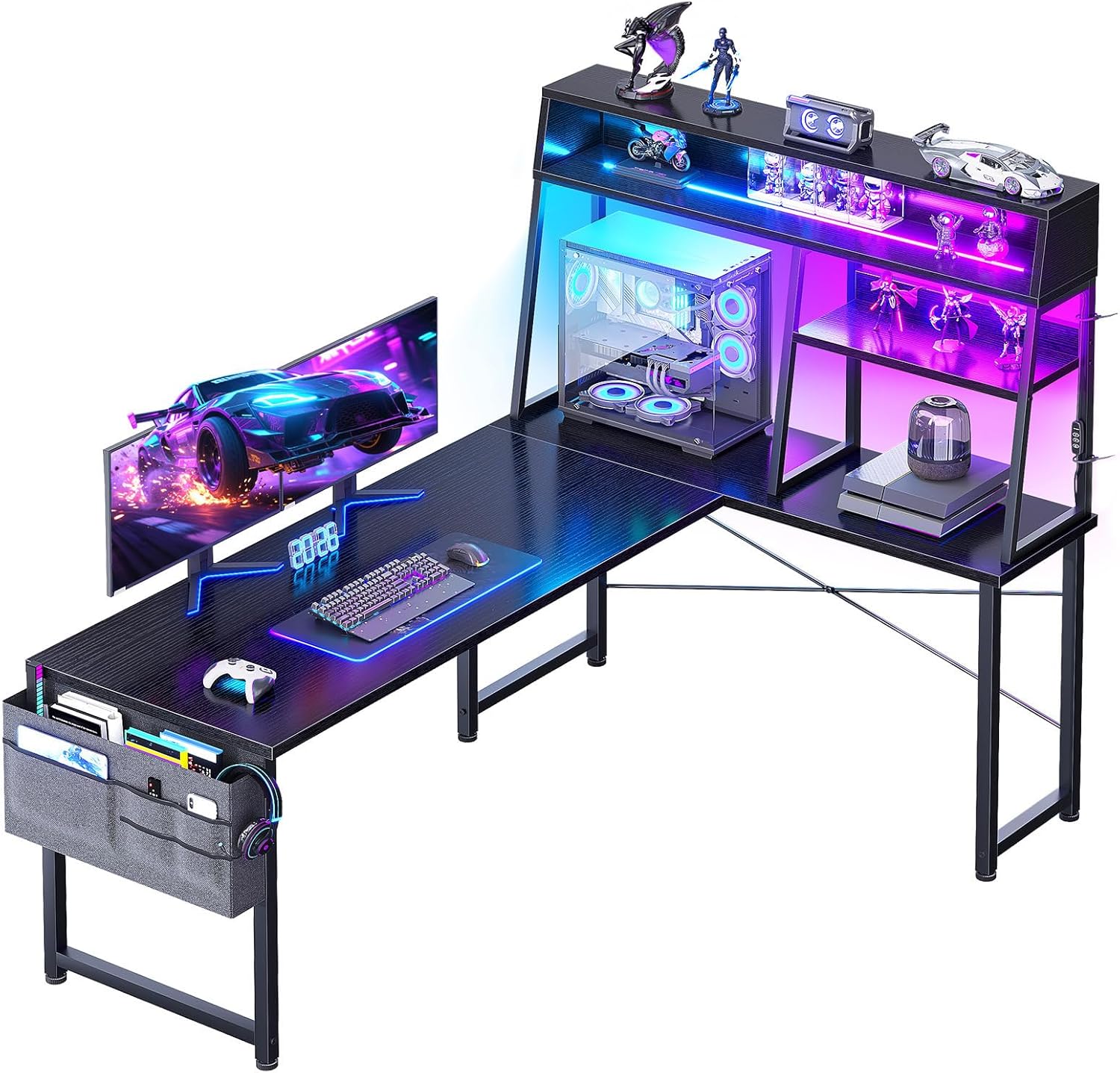 Bureau Gaming D'Angle Noir 100 X 70 Cm Avec Étagères Réversibles