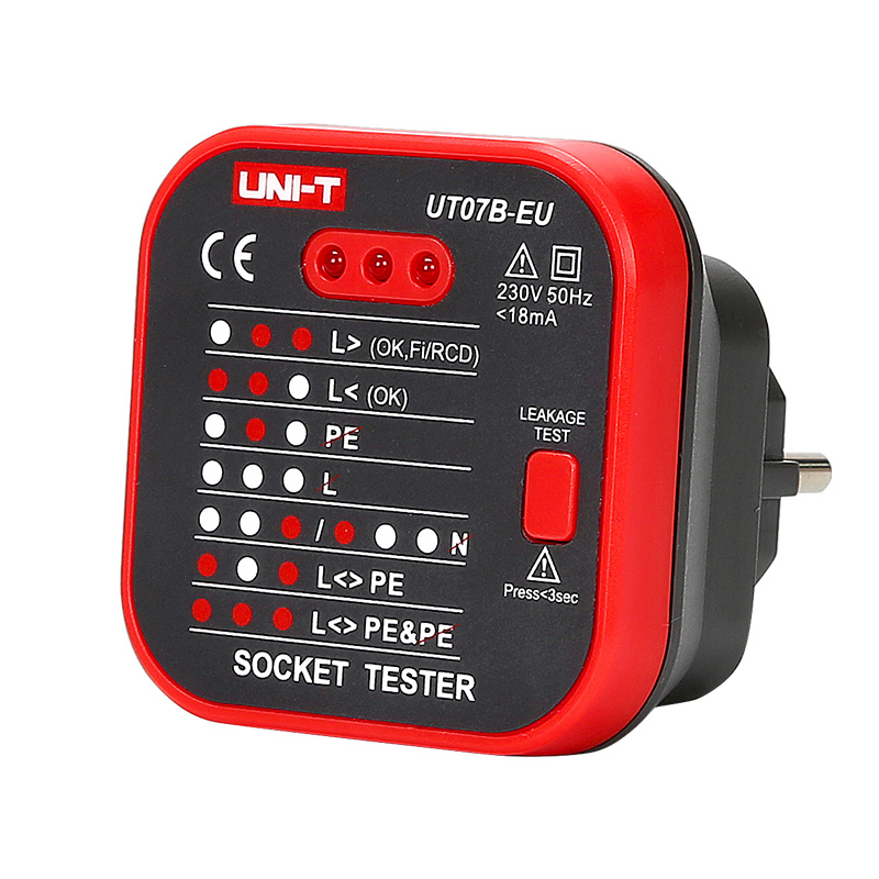 UNI-T UT07B-EU Stopcontacttesters Detector EU-stekker Aardneutrale brandstekker Polariteitsfasecontrole Bedradingdetectie RCD-lektest