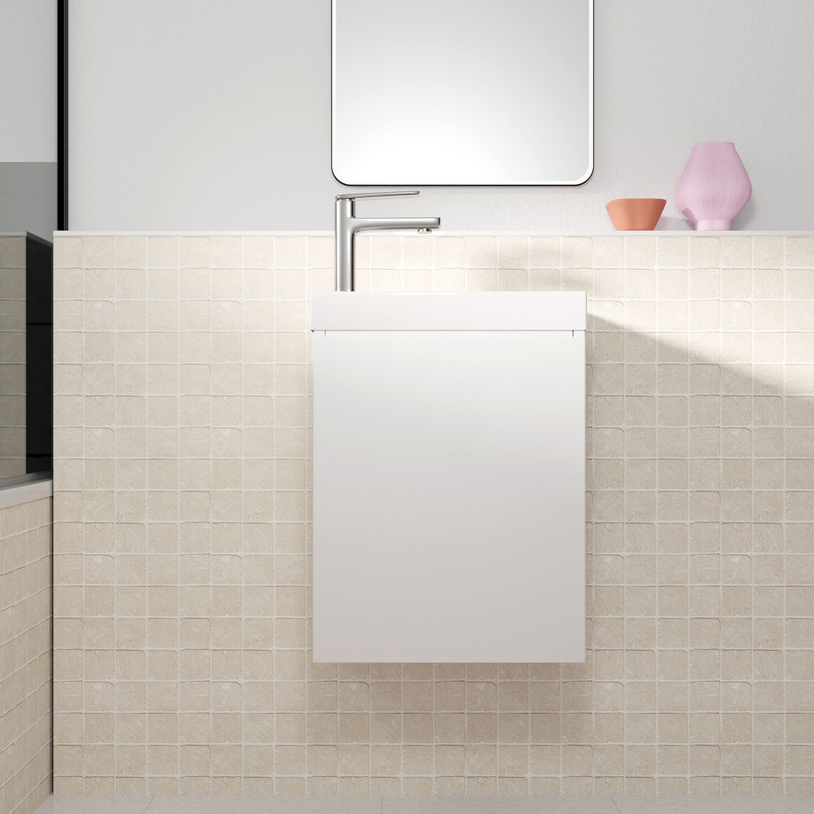 Meuble Lave Mains Blanc 40x50x22 Cm Avec Vasque En Smc - Elementary