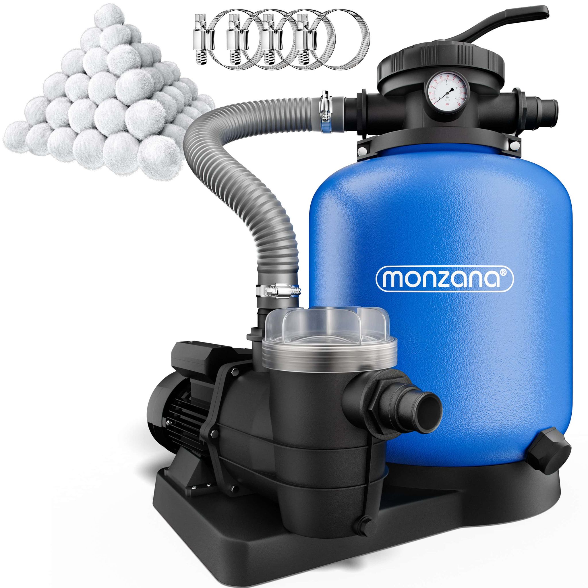 Monzana® Sandfilteranlage Sf110k 13.200l/h Bis 58.000l Pool Inkl Filterbällen 7 Wege Ventil 2in1 Adapter Ø32-38mm 600w Filteranlage Pumpe Filterkessel