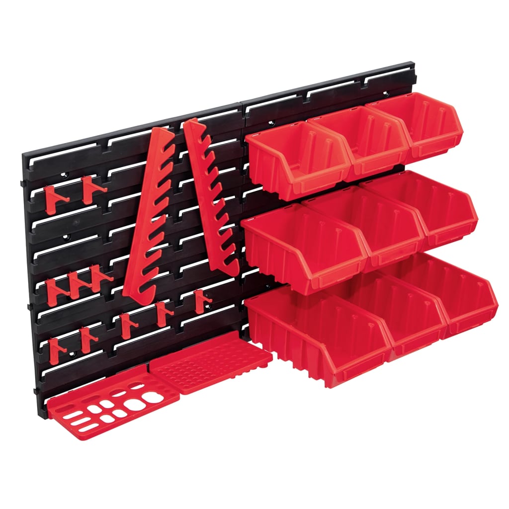 Kit de rangement mural pour garage, 34 pièces, bacs amovibles et empilables en plastique rouge et noir