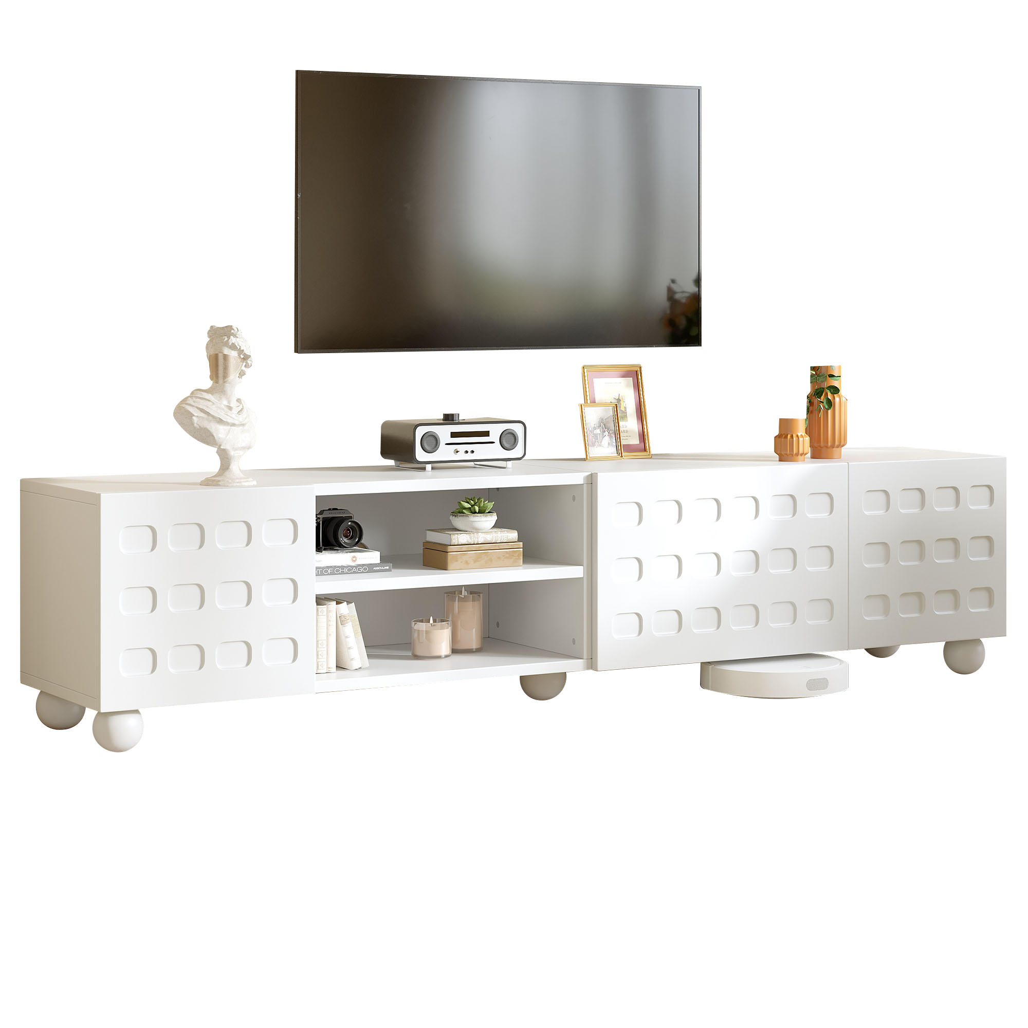 Stilvora Tv-schrank Mit 3 Türen Und 2 Halboffenen Fächern, Für Wohnzimmer, Aus Spanplatte, Weiß, 200×40×44 Cm