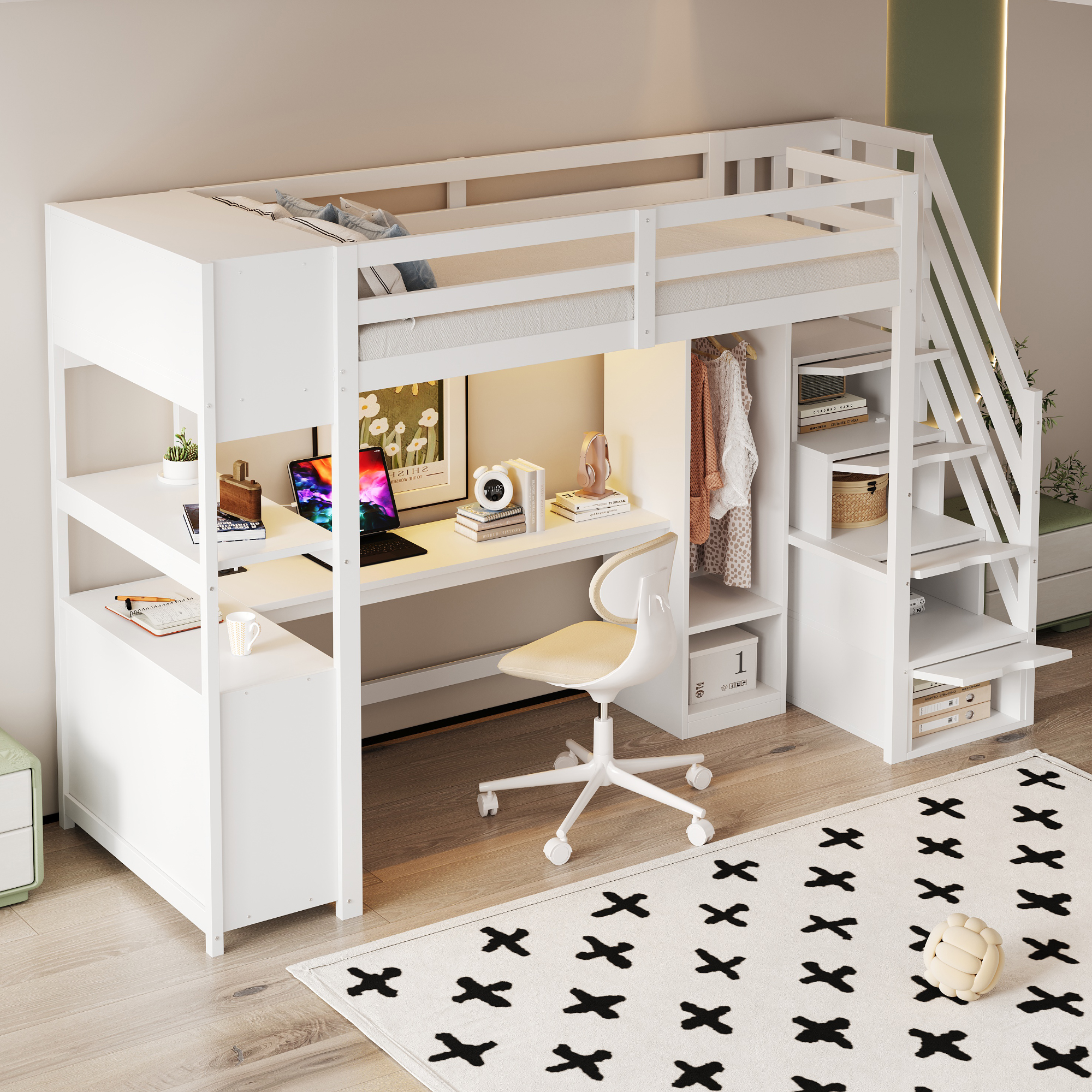 Stilvora Hochbett 90 X 200 Cm Mit Schreibtisch, Kleiderschrank, Stauraumtreppe, Steckdosen Und Led, Ohne Matratze, Aus Holz, Weiß