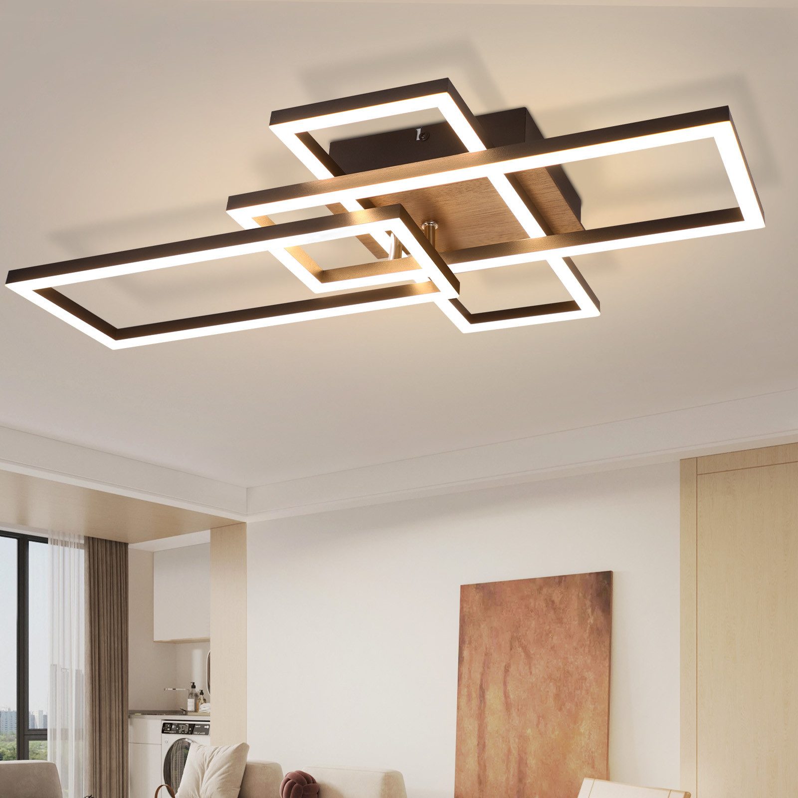 Gbly – Plafonnier Led 32w Noir Et Bois – Lumière Chaude 3000k – Éclairage Dimmable Pour Salon, Chambre, Cuisine, Bureau – Installation Facile