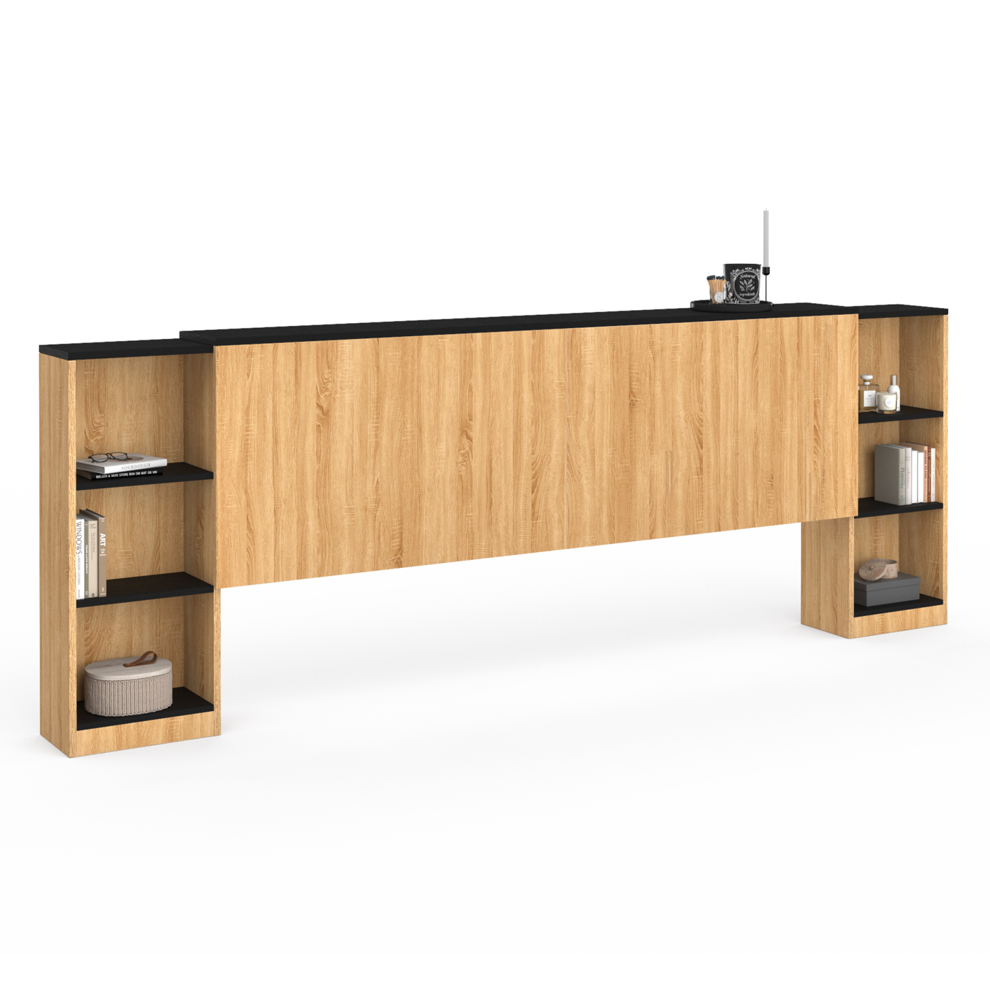 Idmarket - Tête De Lit Sur Pied Extensible Avec Chevets Coulissants Catba Pour Lit 140 Et 160 Cm Façon Bois Et Noir