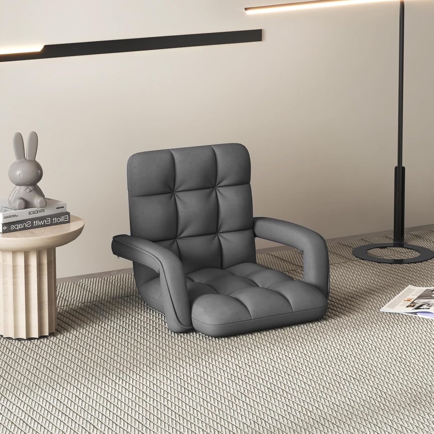 Fauteuil De Sol Réglable, Chaise Au Sol Rembourrée Avec Dossier A 6 Positions, Accoudoirs, Chaise De Méditation Portable, Fauteuil Au Sol, Charge 150 Kg Pour Chambre, Salon, Gris - Goplus
