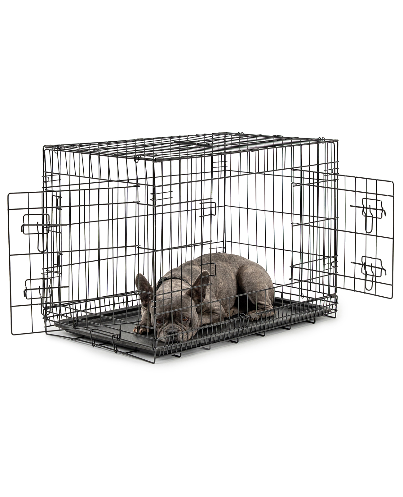 lionto Transportkäfig für Hunde & Katzen, Faltbar, 76 x 49 x 56 cm, Schwarz | Transportbox aus Metall mit Kunststoffwanne, Trennwand & stabilen Sicherheitsverschlüssen für Auto, Reise, Tierarztbesuch - Bild 4