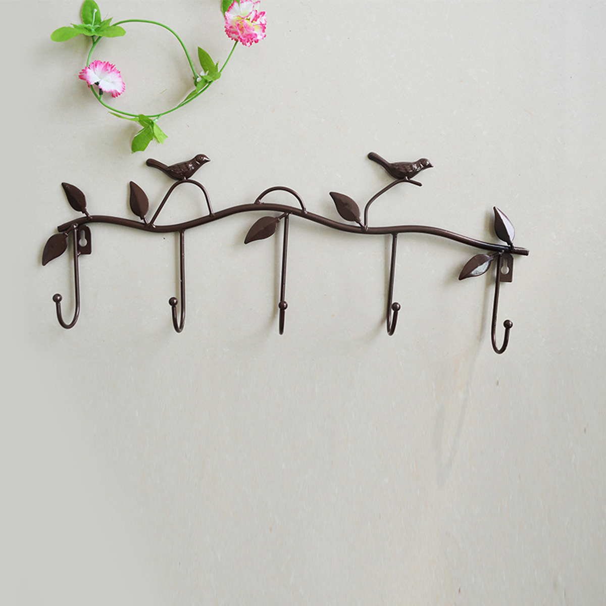 Crochet mural en fer antirouille, design feuilles et oiseaux, fixation par colle spéciale, lot de 5