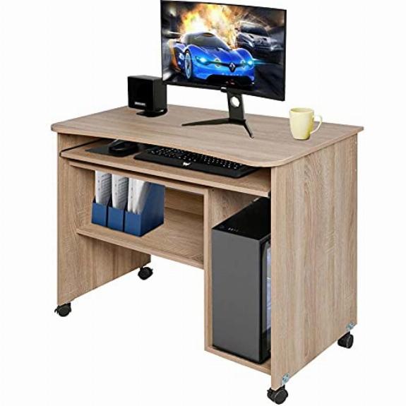 Scrivania Tavolo Con Porta Tastiera Coputer E Ripiano In Legno Con Ruote Quercia