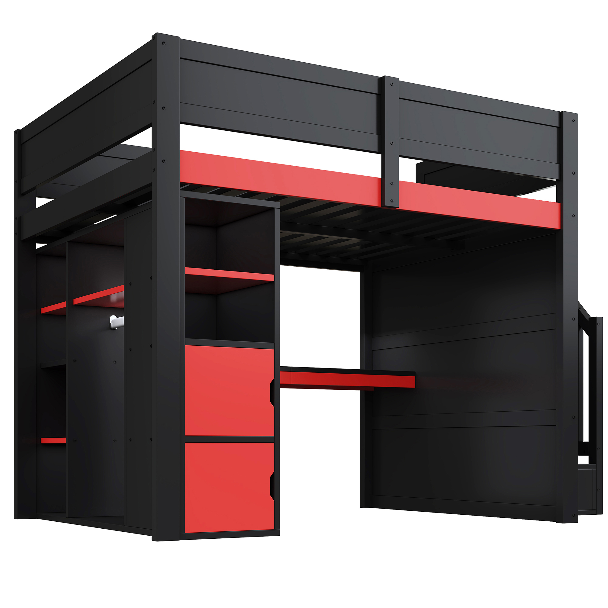 Lit Mezzanine Gaming En Bois 140 X 200 Avec Bureau, Rangements À Plusieurs Niveaux, Éclairage Led, Port De Charge Usb Et Escalier Noir Avec Rangement, Noir + Rouge