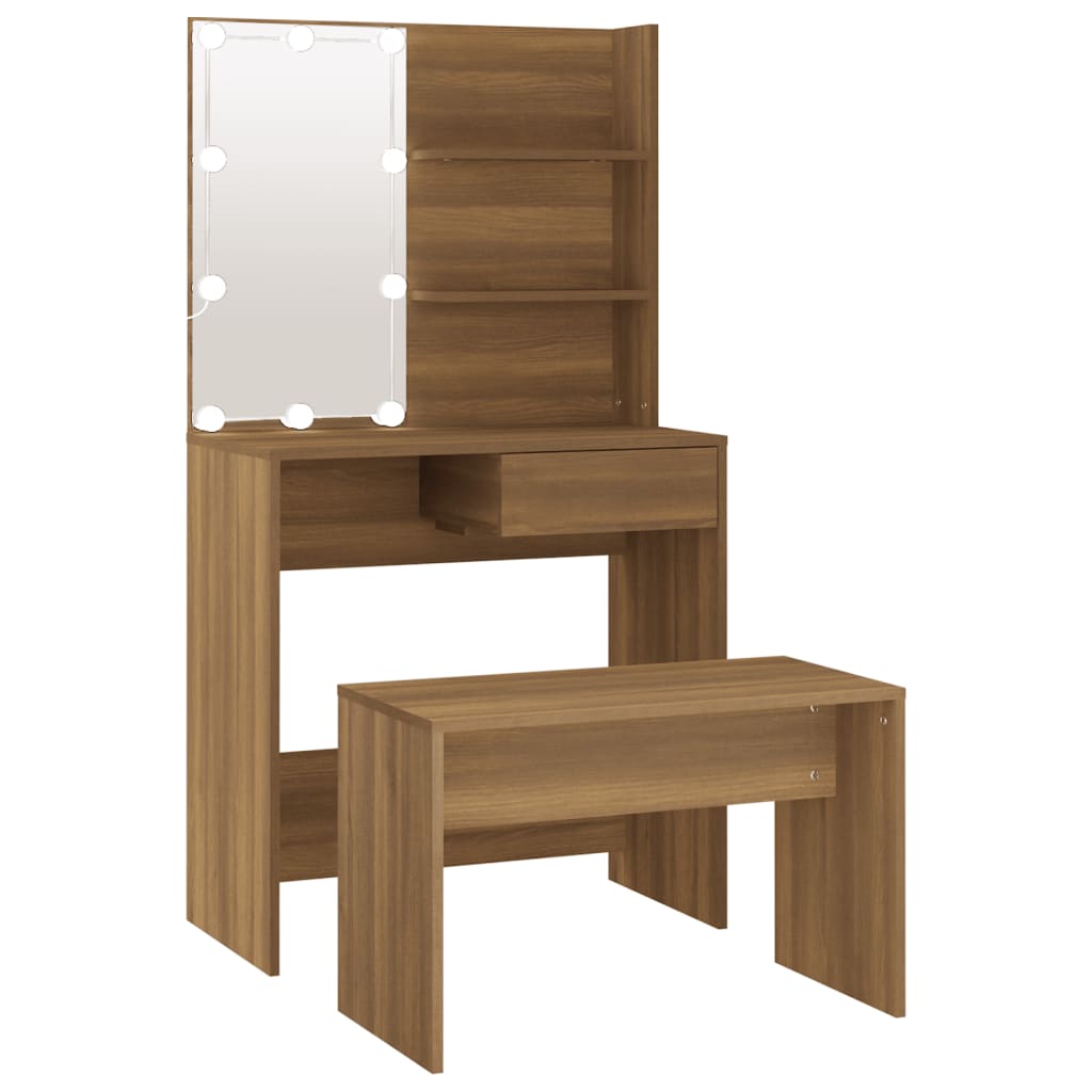 Set Tavolo Da Toeletta Con Led Rovere Marrone Legno Multistrato Vidaxl