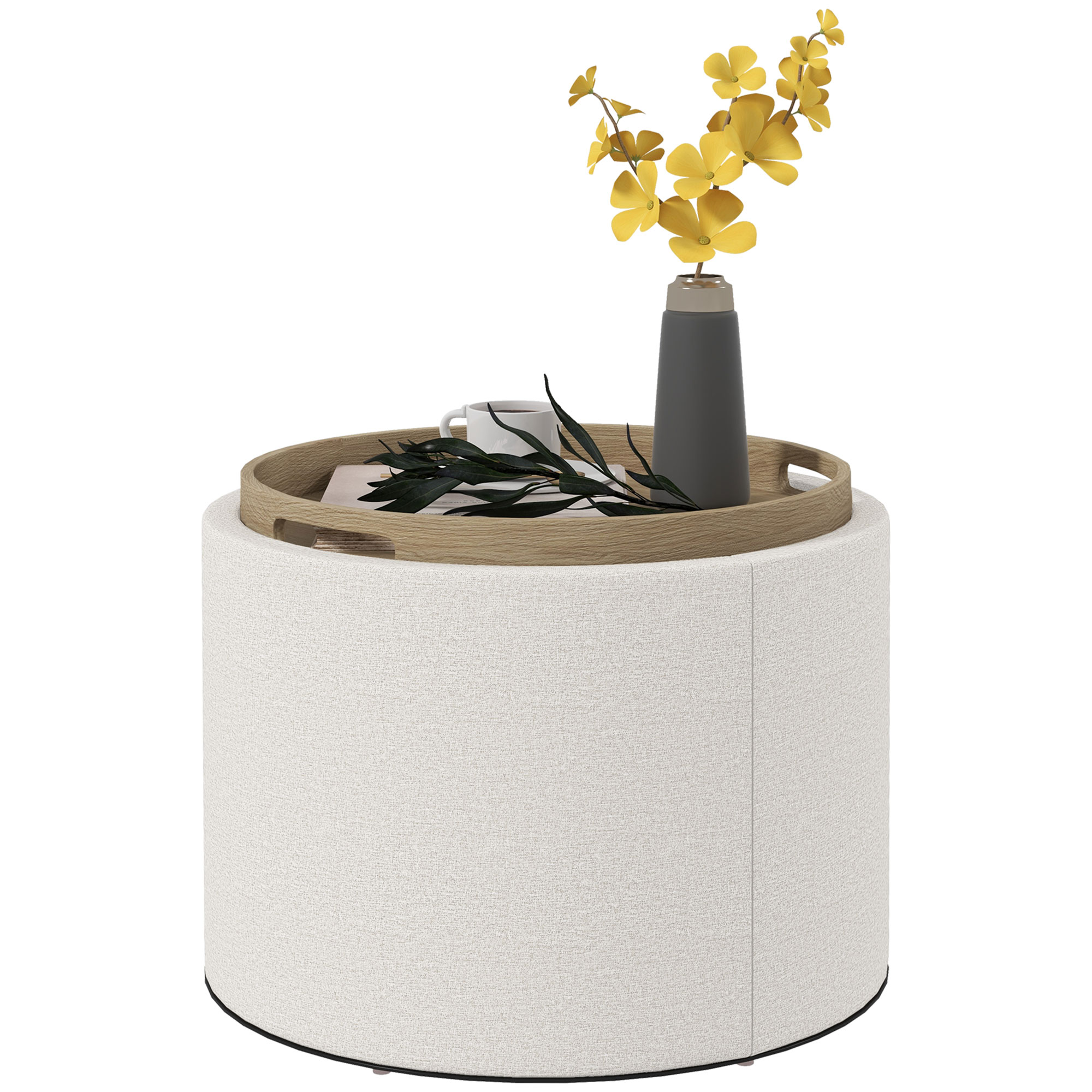 Homcom Sitzhocker Mit Stauraum, Runder Hocker Mit Klappdeckel Couchtisch, 56 X 56 X 42 Cm Polsterhocker Mit Leinenoptik, Für Wohnzimmer, Schlafzimmer, Cremeweiß