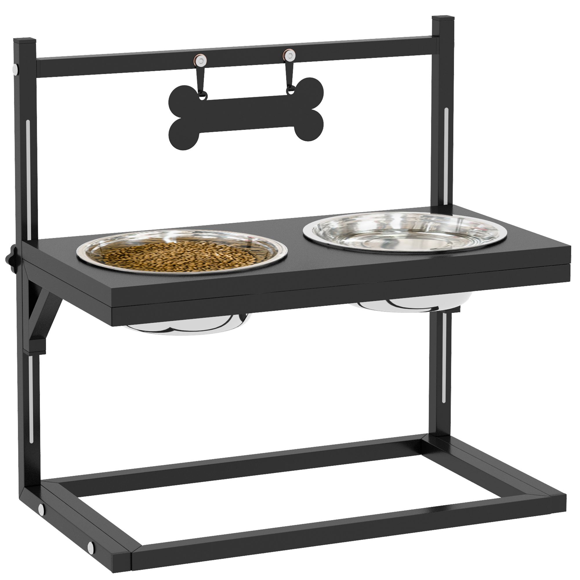 Erhöhter Hundenapf Höhenverstellbar Futternapf Mit Ständer Knochenförmiger Metallplatte, 2 X 900ml Edelstahlnäpfen Verstellbar Hundenäpfe Fressnapf Futterstation Für Hunde Katzen Schwarz - Pawhut