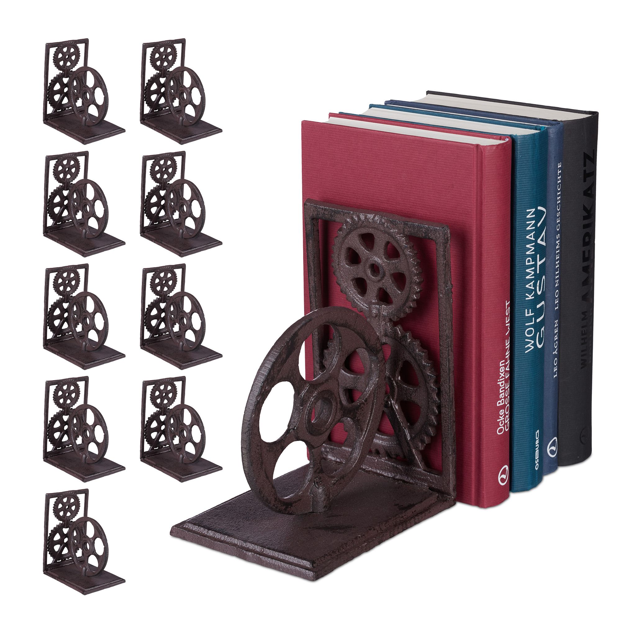 Set Of 10 Relaxdays Retro Bookends, Cast Iron, Book Support, Gears, Decor Hxwxd, 16 X 13 X 10 Cm, Brown