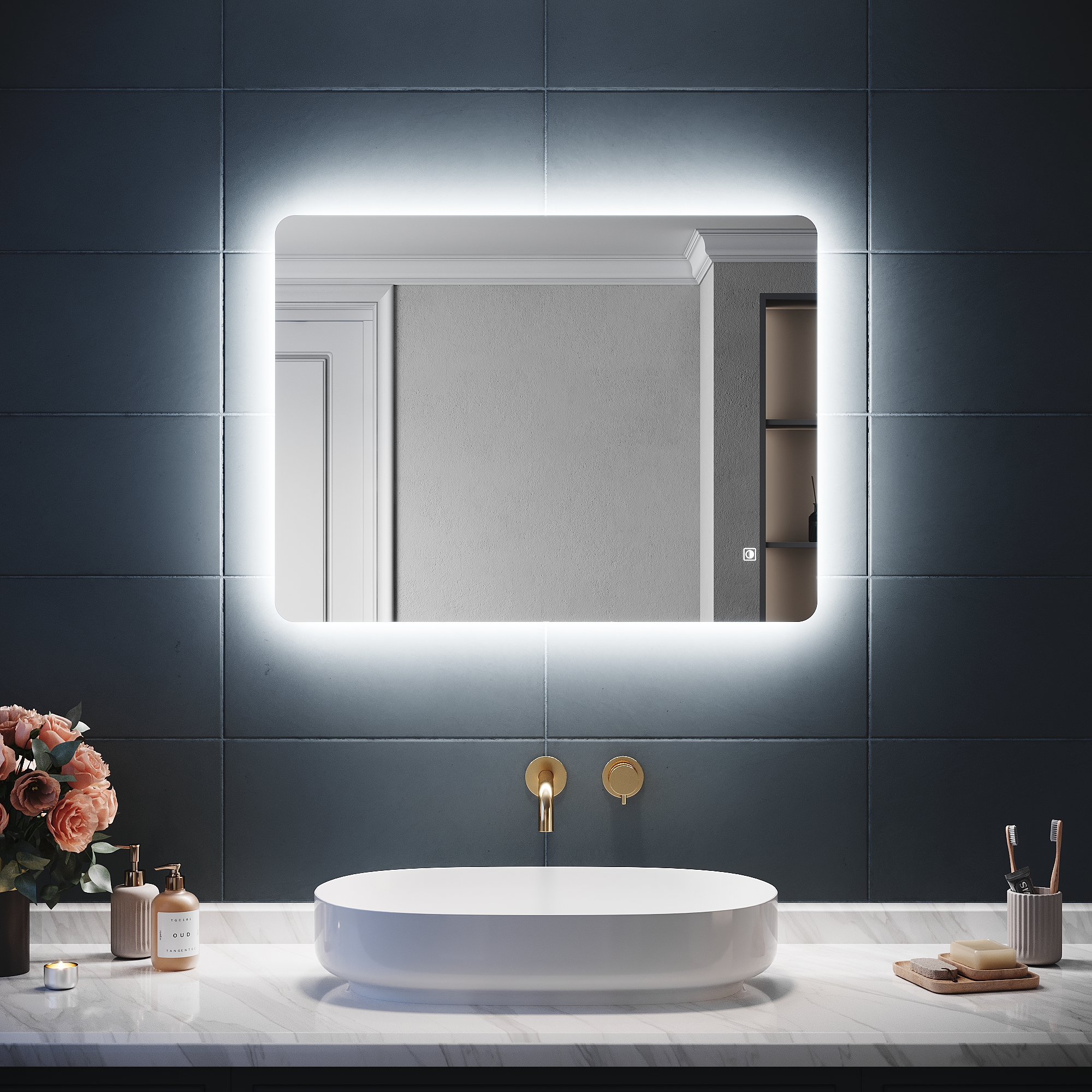 Sirhona Miroir Lumineux De Salle De Bain 80 X 60 Cm Miroir Led À Coins