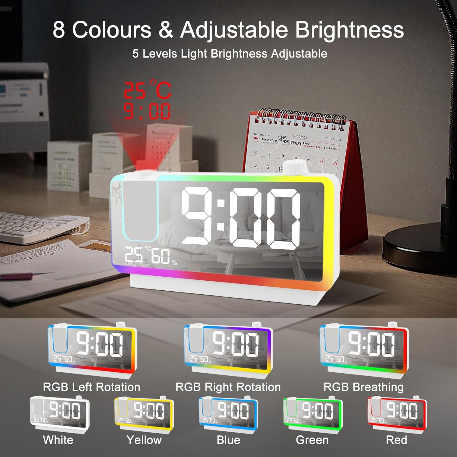 Sveglia Con Proiettore Da Soffitto, Sveglia Con Ampio Schermo Led Da 7 Pollici, Luce Notturna Rgb A 8 Modalità, Proiettore A 180°, Doppia Sveglia, Snooze, Doppie Porte Usb, Visualizzazione Della Tempe