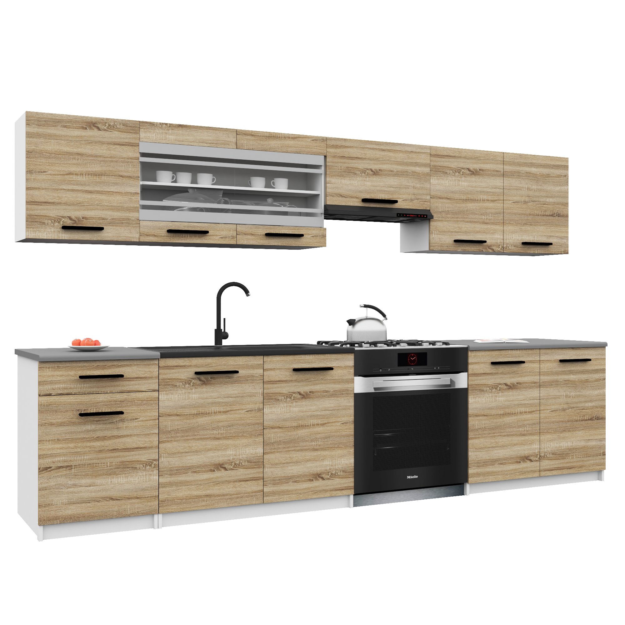 Belini Italia 4 Cuisine Equipée Modulaire Complète - 260 Cm. Meubles Hauts Bas Avec Plan De Travail, Chêne Sonoma