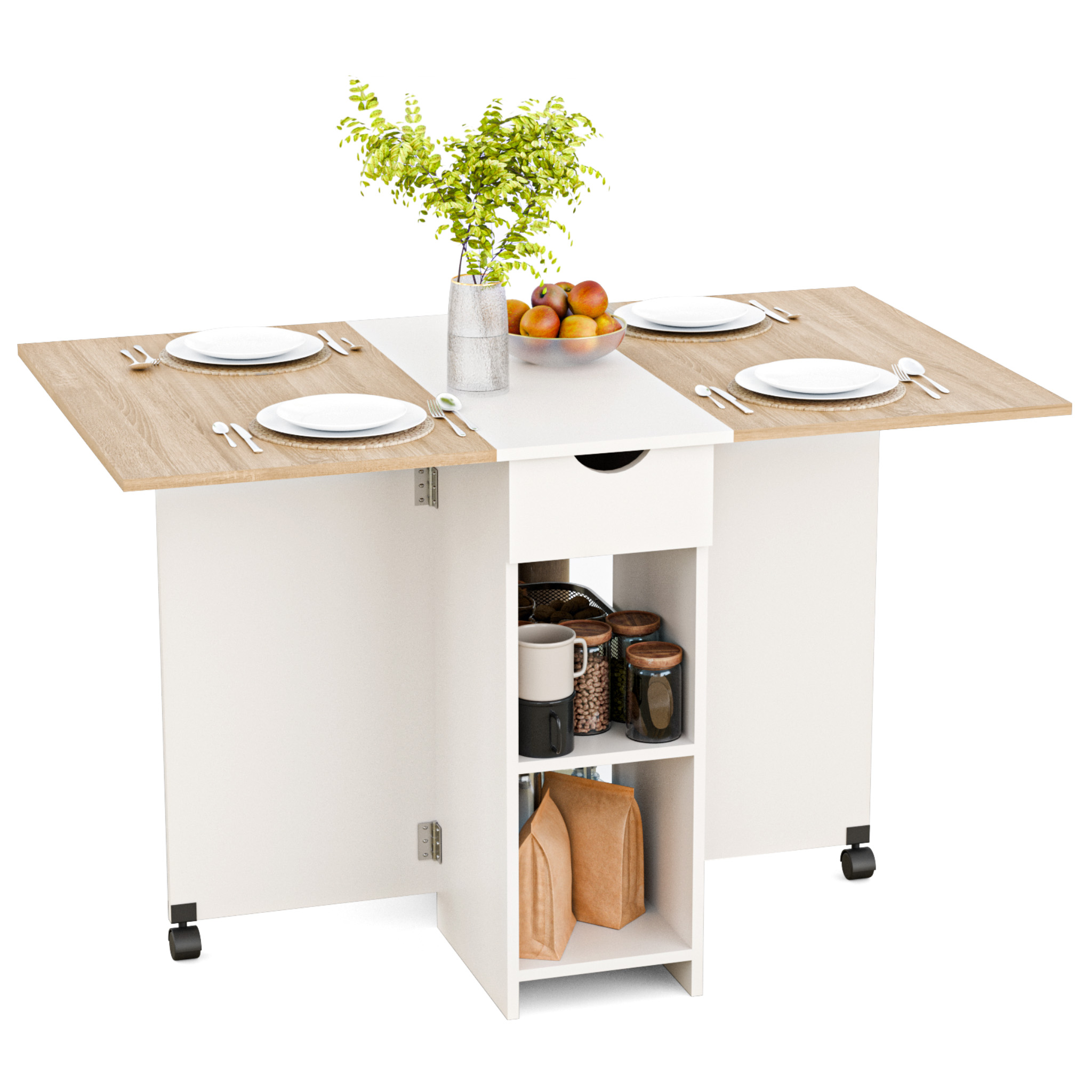 Mondeer – Table Pliante 4 Places – Chêne Coupé Et Blanc – 1 Tiroir Et 2