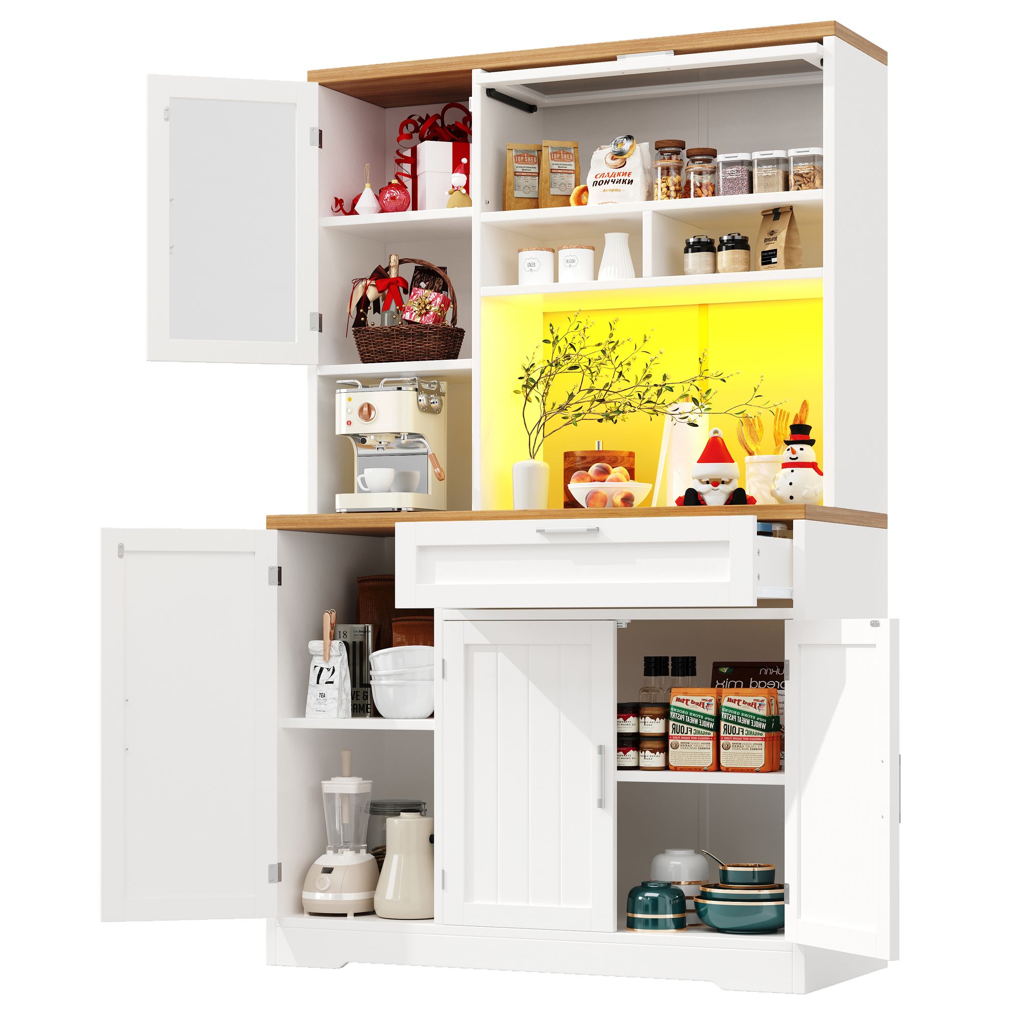 Stilvora Küchenvitrine Hochschrank Mit 5 Türen Und 1 Schublade Mit Led Für Küche Oder Wohnzimmer Aus Mdf 104x40x180 Cm Weiß