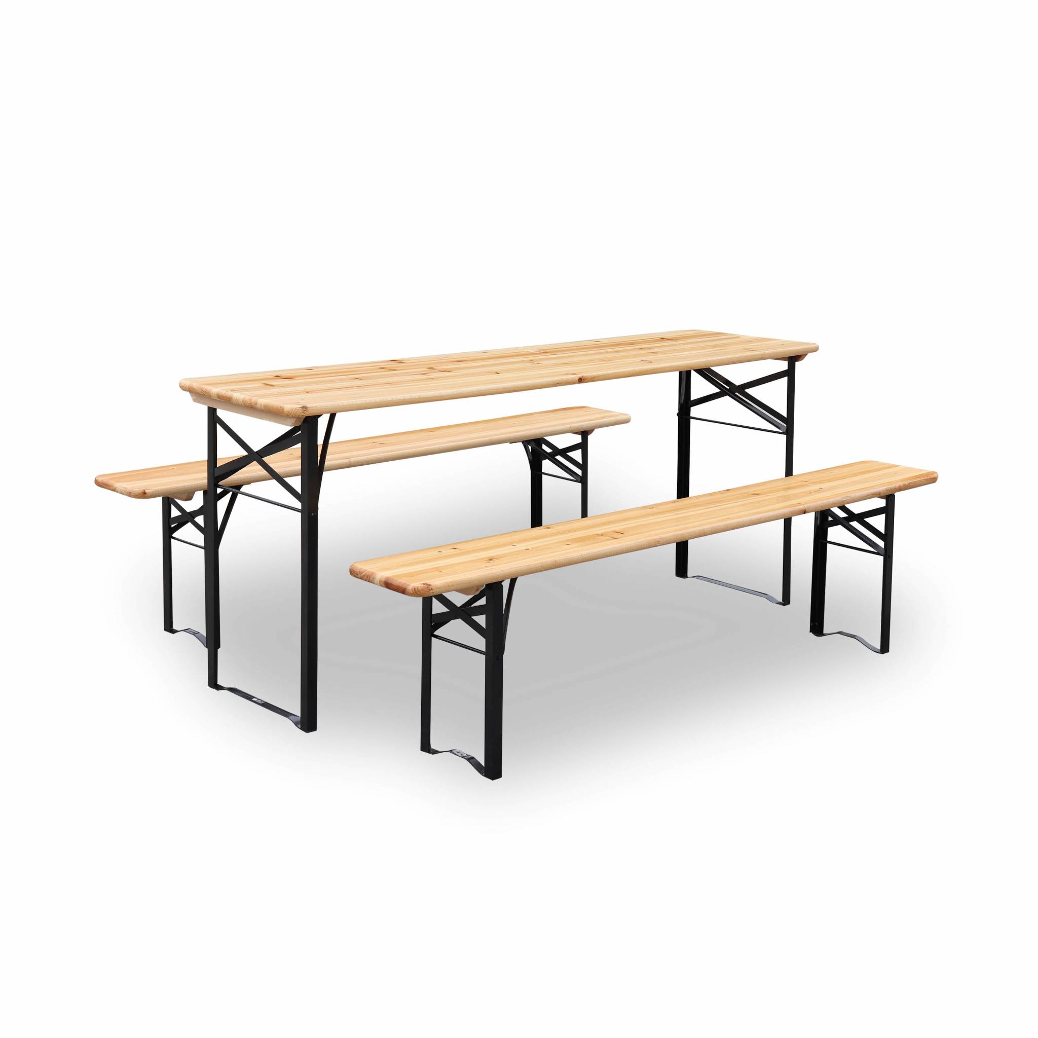 Table En Bois 180cm Avec 2 Bancs – Bayonne – Esprit Brasserie. Pliable.