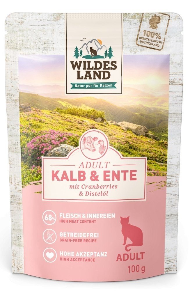Super Merchant By Base Wildes Land Cat Nassfutter Für Katzen Beutel – Kalb Und Ente Mit Preiselbeeren 100 G
