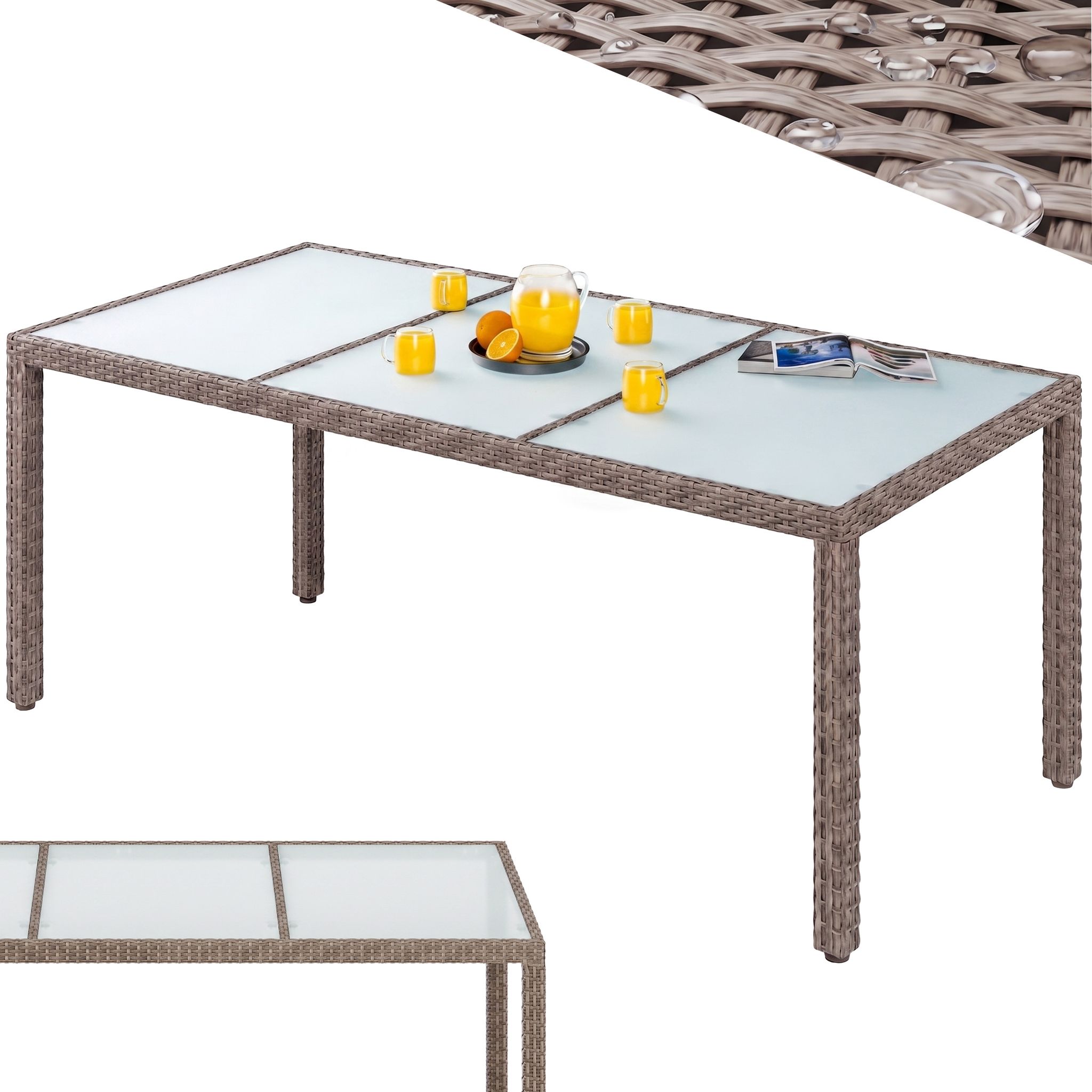 Casaria® Rattan Garden Table 190x90x75cm – Poly-rattan, Height-adjustable, 5mm Safety Glass – Outdoor Dining Table (cream)