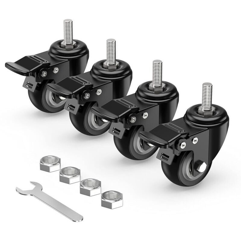 Roulettes pivotantes M12 50 mm avec frein, tige filetée 25 mm, roues PVC silencieuses, lot de 4