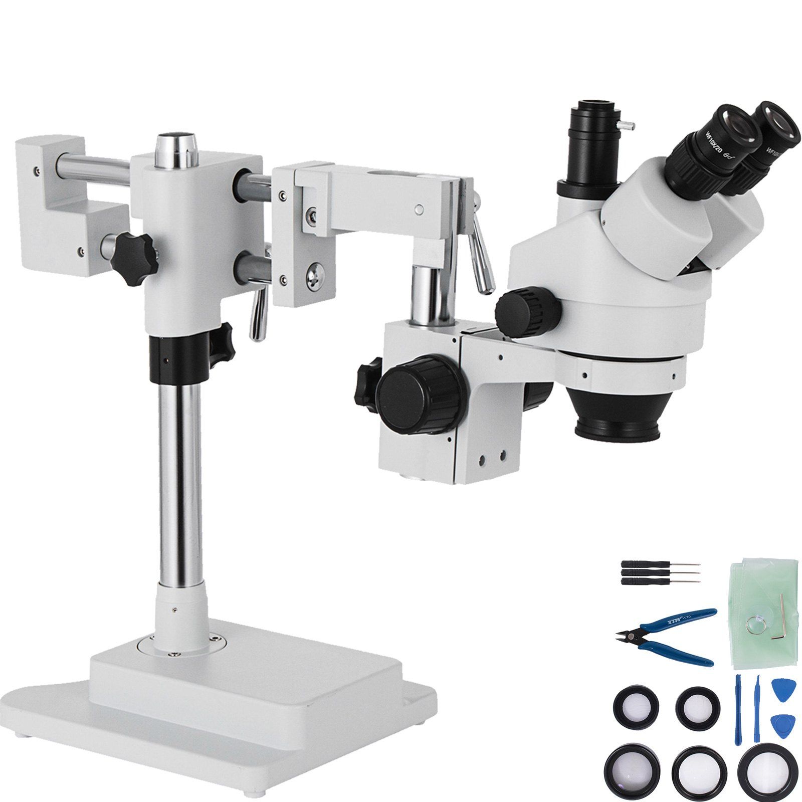 Microscope stéréo trinoculaire 3.5x-90x, double bras articulé pivotant 360°, port caméra
