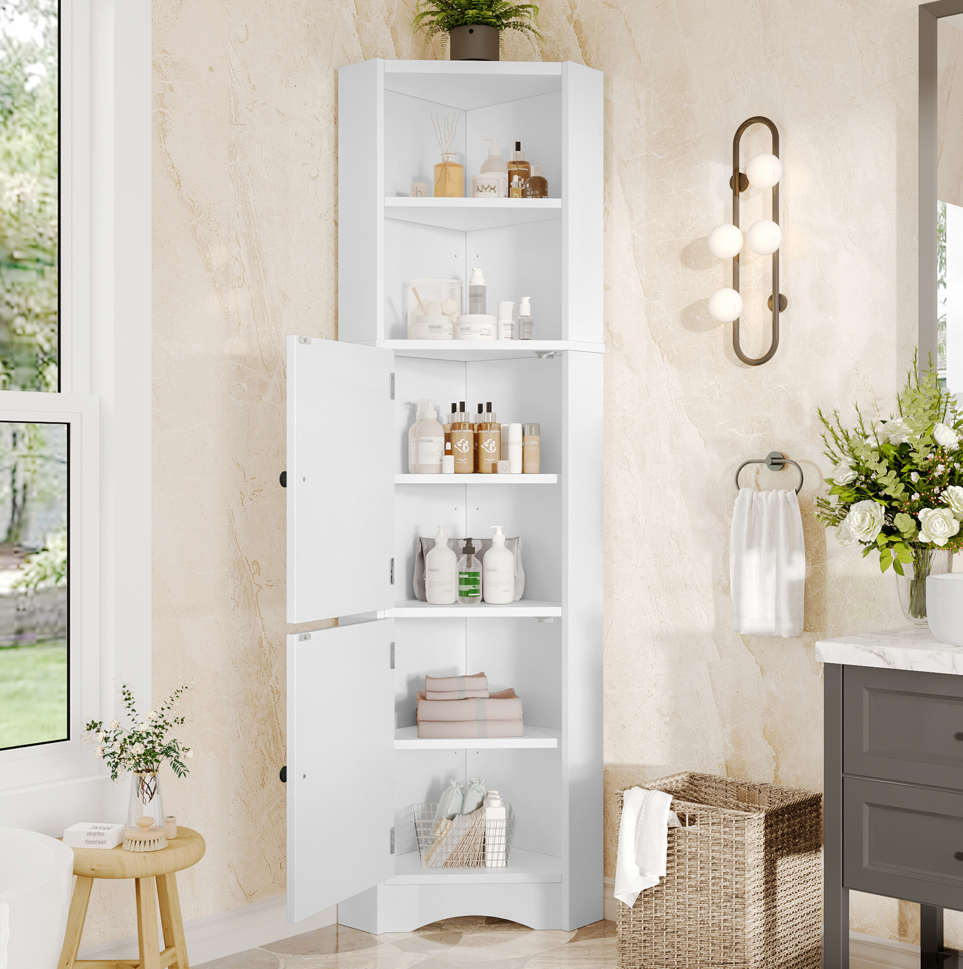 Covreo Badezimmerschrank 51.7x32x155.4 Cm Weiß Aus Mdf Mit Eckdesign Und Verstellbaren Ablagen
