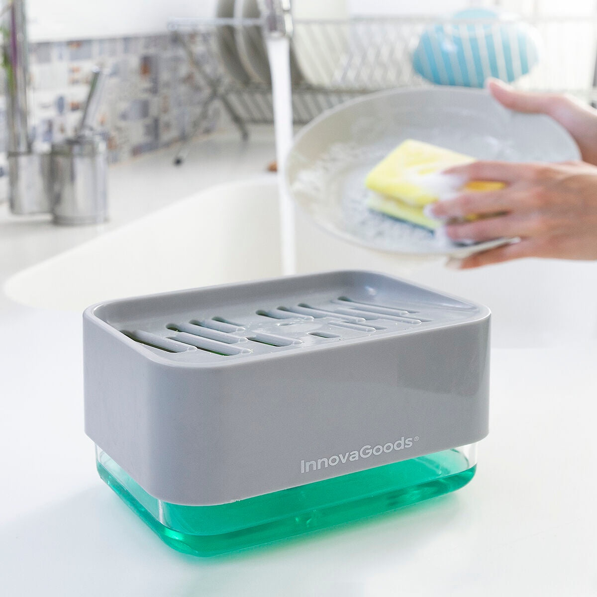 Innovagoods Transparent/Grau/Grün Seifenspender + Seifenschale, Spülmittelspender Für Küchenschwamm - Image 4